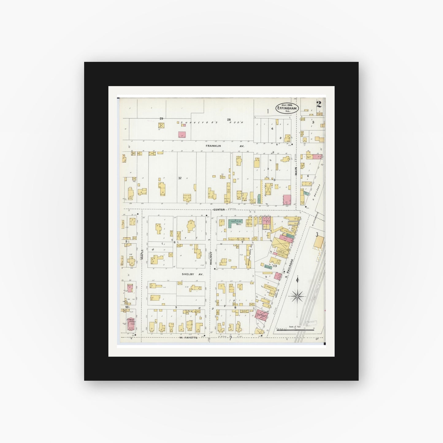 Old map wall art mockup — black gallery frame with white mat — Sanborn Fire Insurance Map from Effingham, Effingham County, Illinois (1906), Sheet #0002