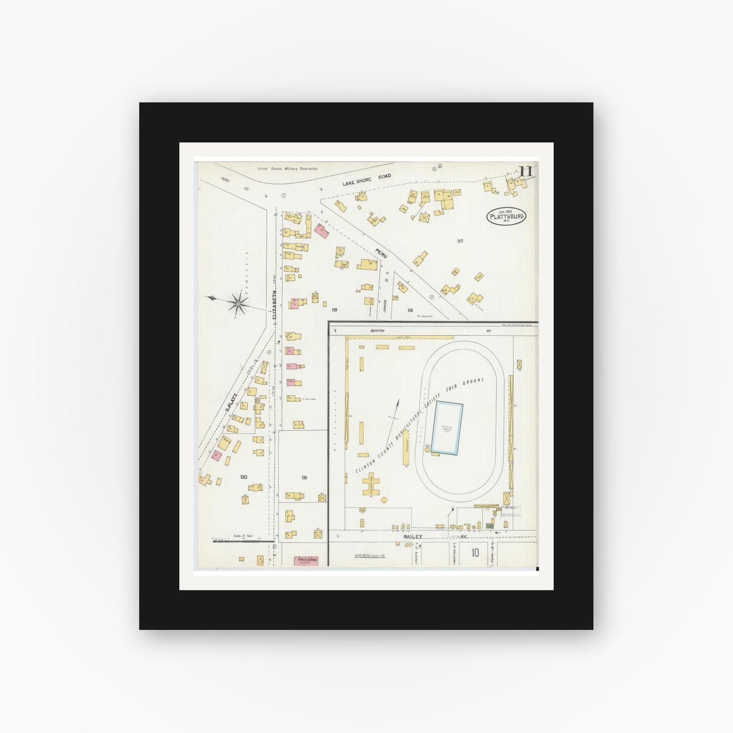 Old map wall art mockup — black gallery frame with white mat — Sanborn Fire Insurance Map from Plattsburg, Clinton County, New York (1902), Sheet #0011