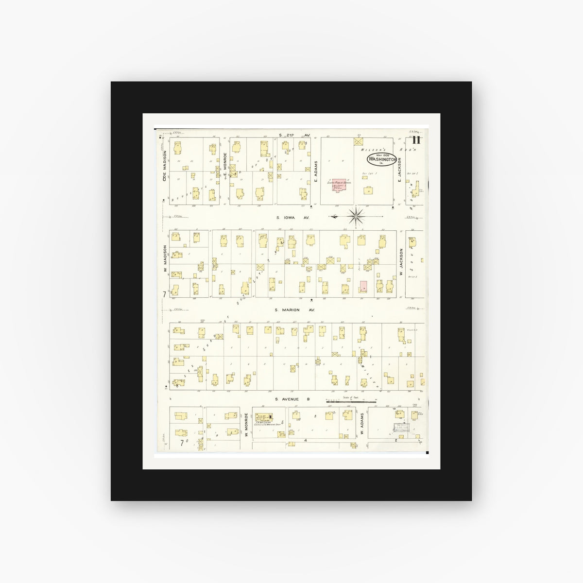 Old map wall art mockup — black gallery frame with white mat — Sanborn Fire Insurance Map from Washington, Washington County, Iowa (1909), Sheet #0011