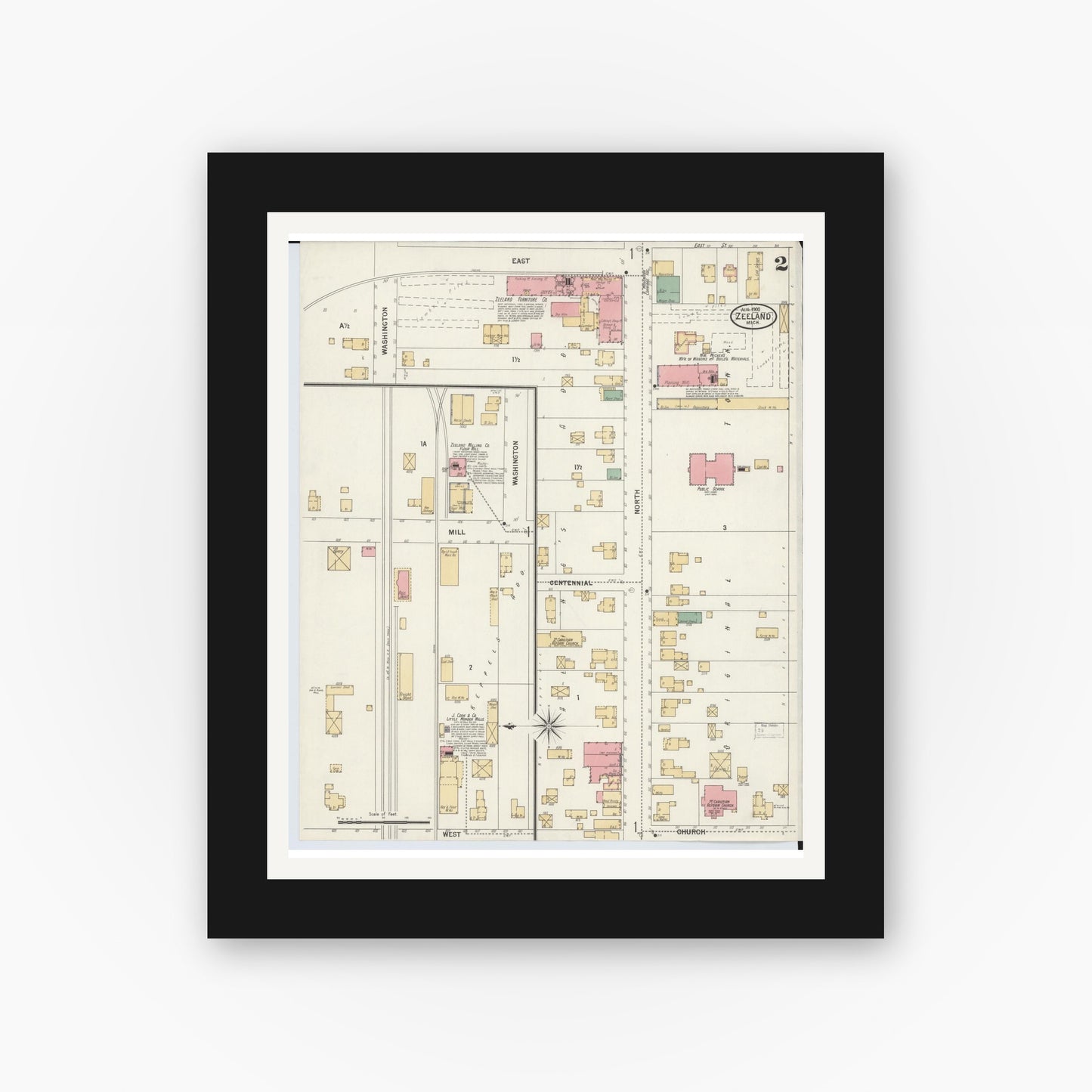 Old map wall art mockup — black gallery frame with white mat — Sanborn Fire Insurance Map from Zeeland, Ottawa County, Michigan (1900), Sheet #0002