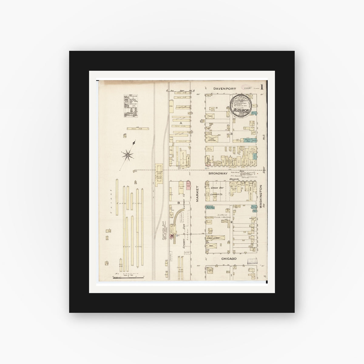 Old map wall art mockup — black gallery frame with white mat — Sanborn Fire Insurance Map from Audubon, Audubon County, Iowa (1886) — Complete Set