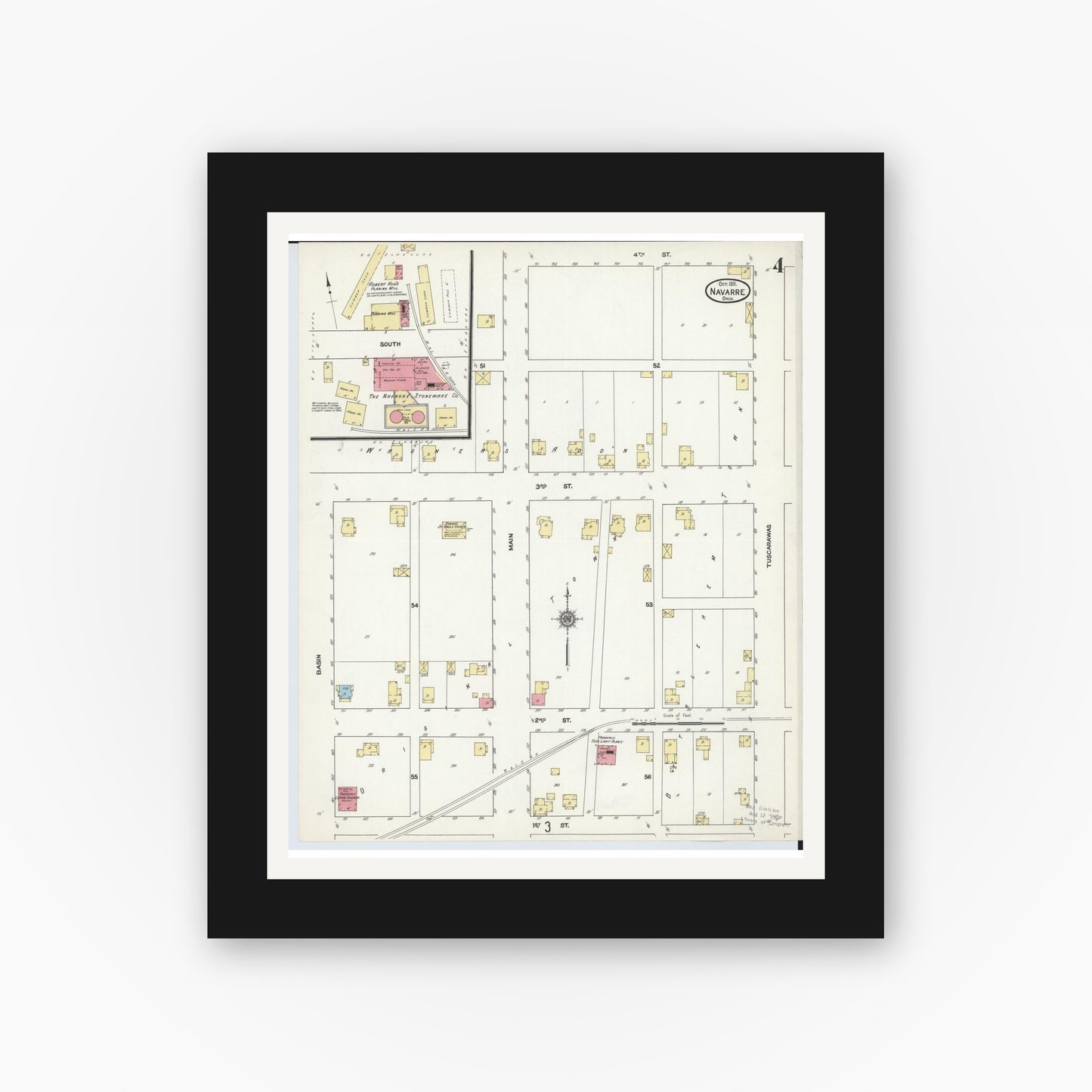 Old map wall art mockup — black gallery frame with white mat — Sanborn Fire Insurance Map from Navarre, Stark County, Ohio (1911), Sheet #0004