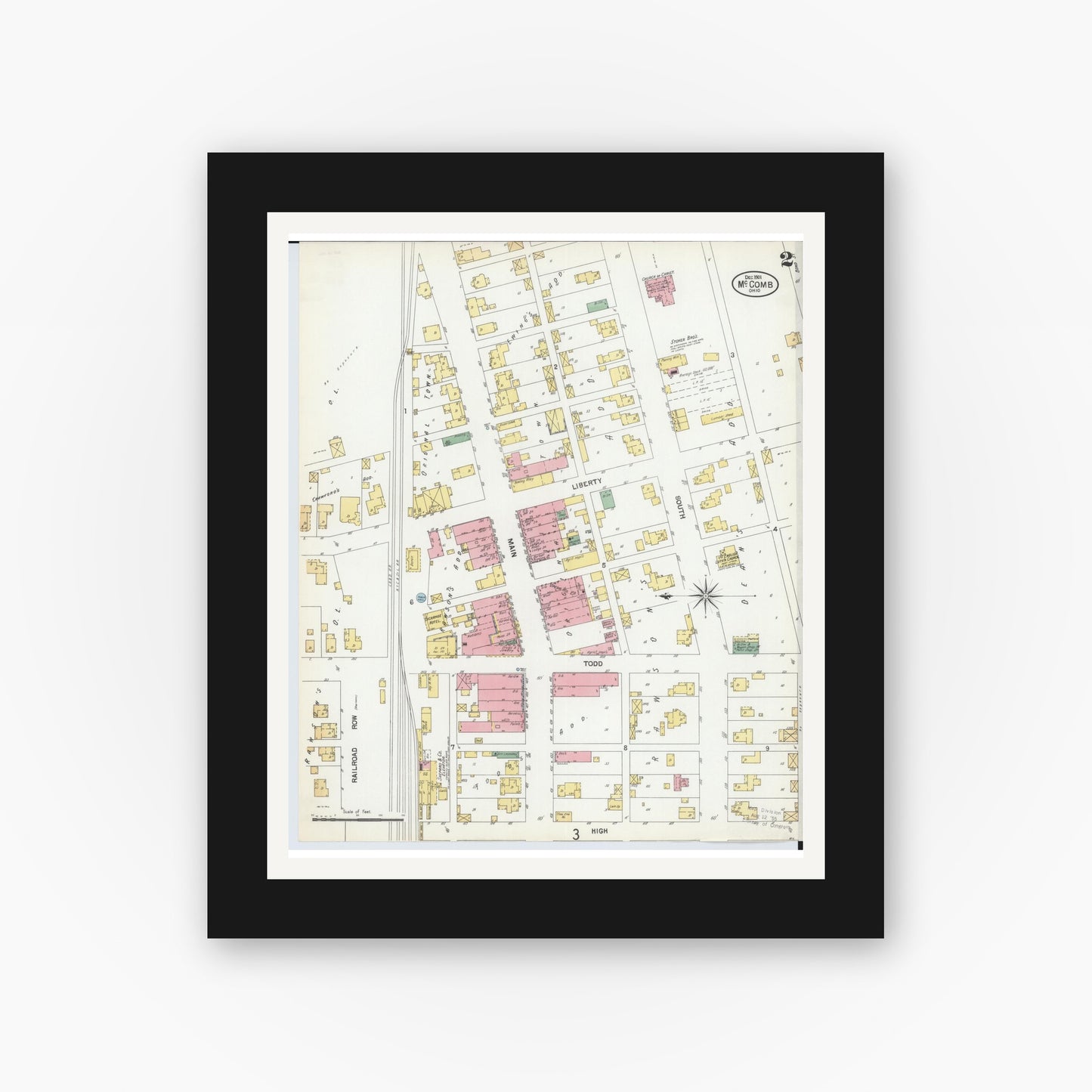 Old map wall art mockup — black gallery frame with white mat — Sanborn Fire Insurance Map from McComb, Hancock County, Ohio (1901), Sheet #0002