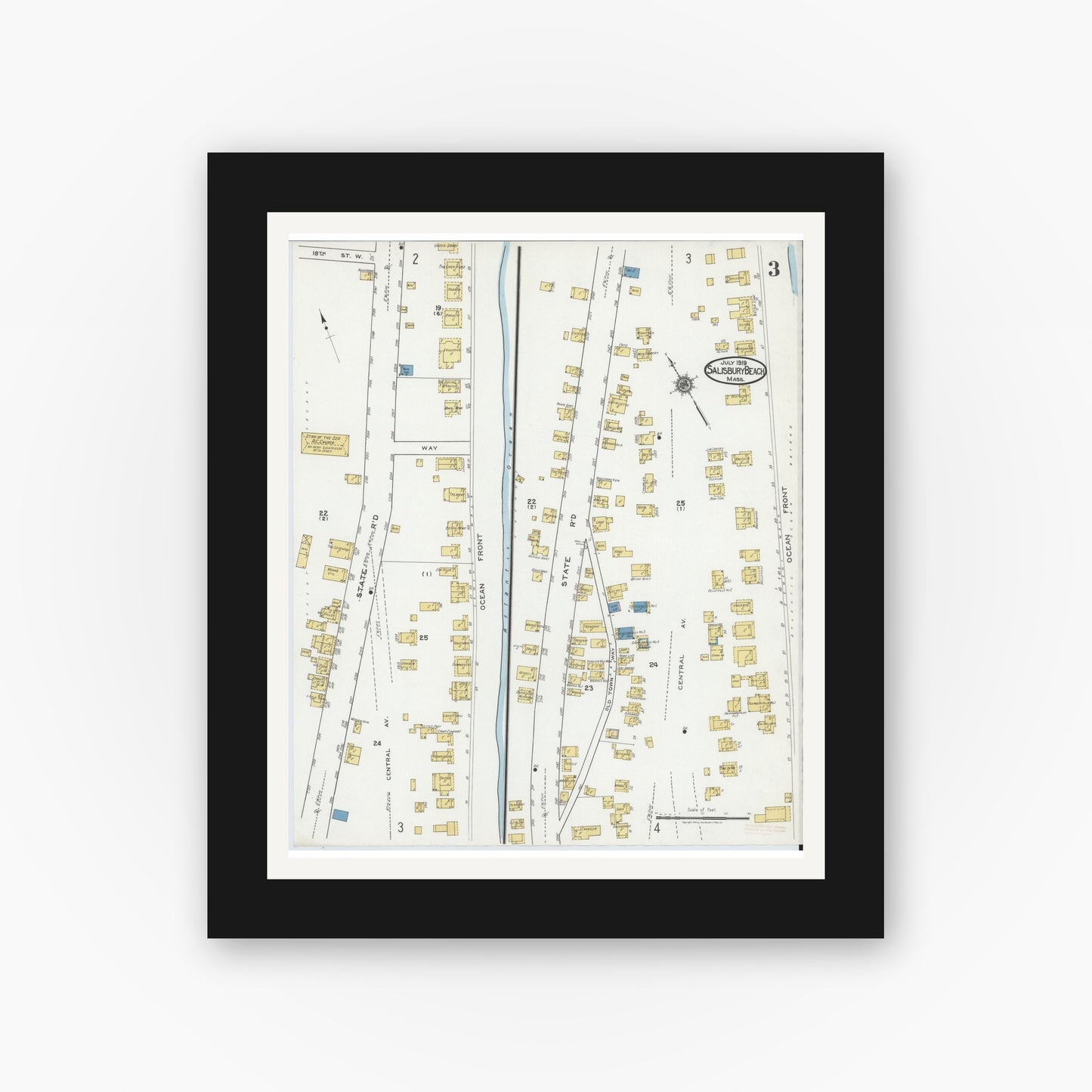 Old map wall art mockup — black gallery frame with white mat — Sanborn Fire Insurance Map from Salisbury, Essex County, Massachusetts (1919), Sheet #0003