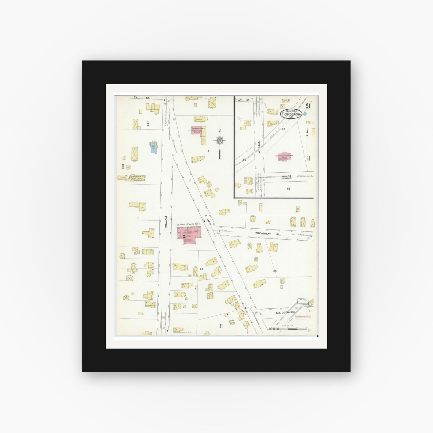 Old map wall art mockup — black gallery frame with white mat — Sanborn Fire Insurance Map from Ticonderoga, Essex County, New York (1912), Sheet #0009