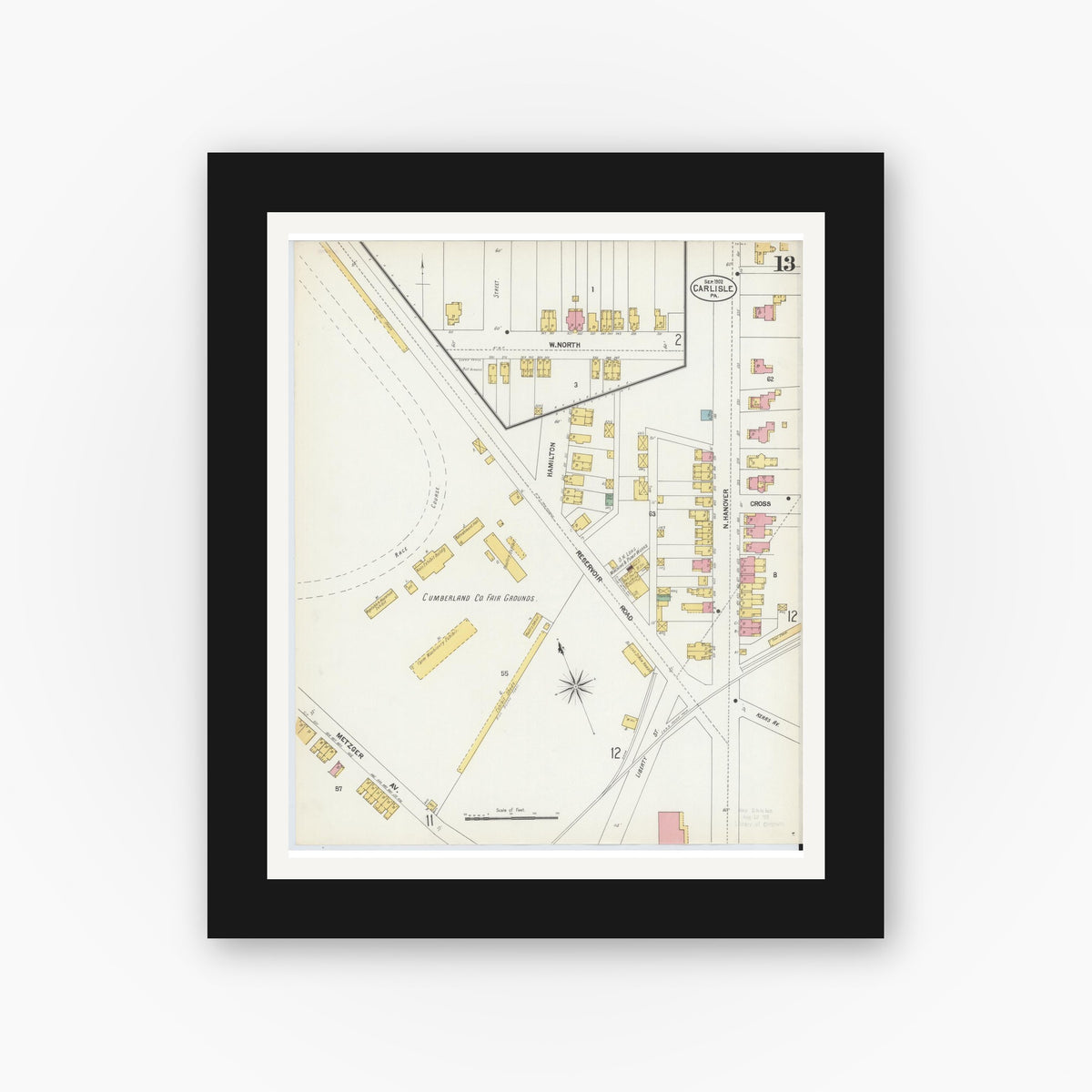Old map wall art mockup — black gallery frame with white mat — Sanborn Fire Insurance Map from Carlisle, Cumberland County, Pennsylvania (1902), Sheet #0013