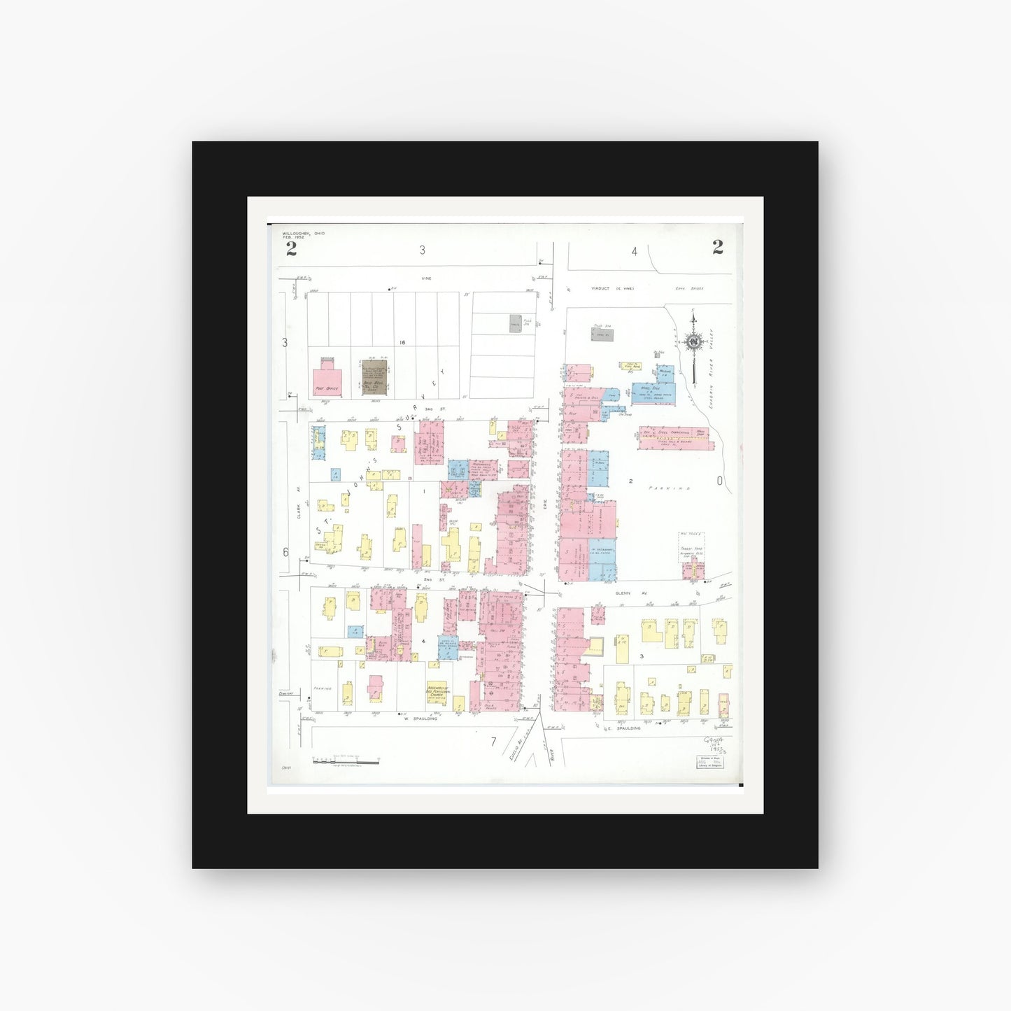 Old map wall art mockup — black gallery frame with white mat — Sanborn Fire Insurance Map from Willoughby, Lake County, Ohio (1952), Sheet #0002