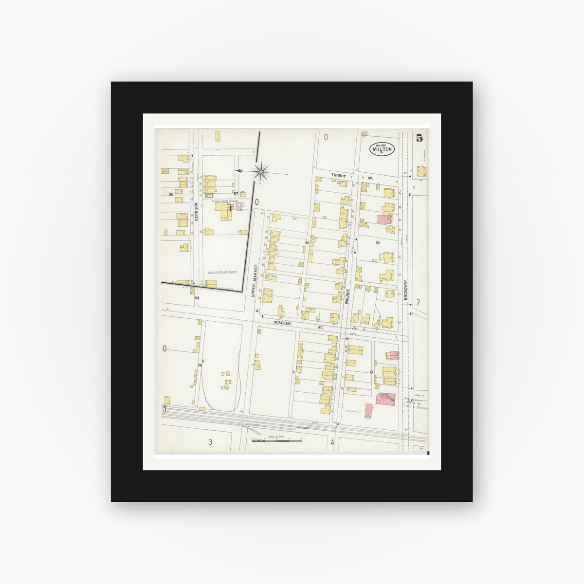 Old map wall art mockup — black gallery frame with white mat — Sanborn Fire Insurance Map from Milton, Northumberland County, Pennsylvania (1901), Sheet #0005