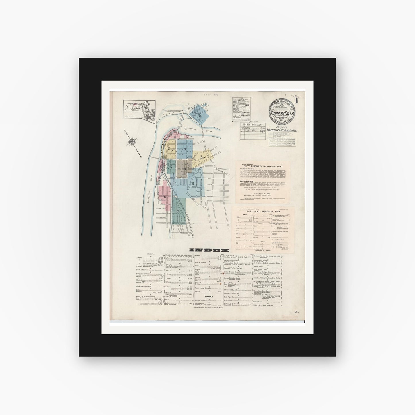 Old map wall art mockup — black gallery frame with white mat — Sanborn Fire Insurance Map from Turners Falls, Franklin County, Massachusetts (1940) - Complete Map Set