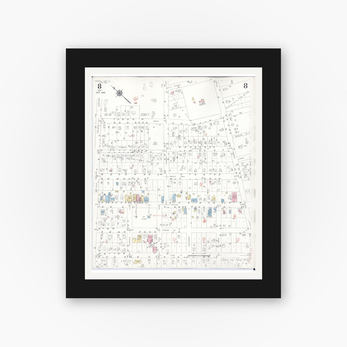 Old map wall art mockup — black gallery frame with white mat — Sanborn Fire Insurance Map from Crystal Lake, McHenry County, Illinois (1955), Sheet #0008