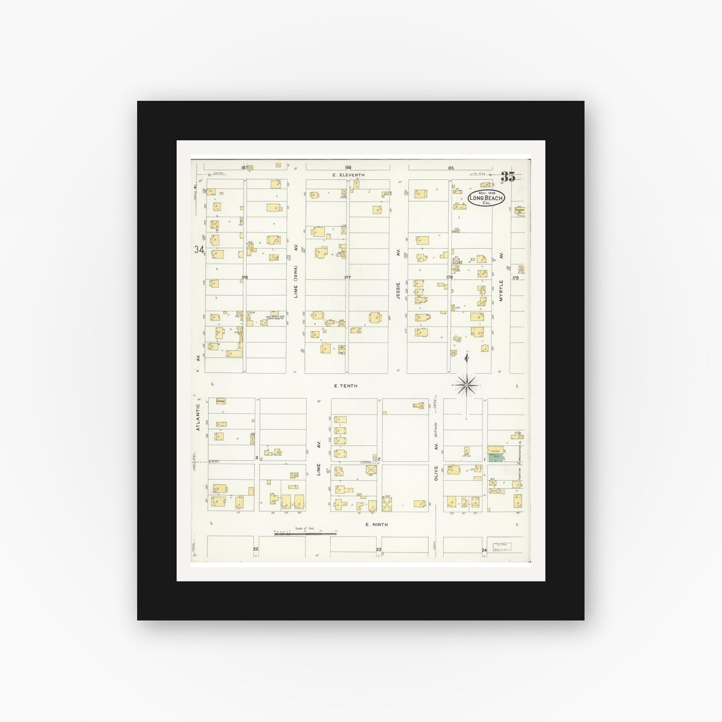 Old map wall art mockup — black gallery frame with white mat — Sanborn Fire Insurance Map from Long Beach, Los Angeles County, California (1908), Sheet #0035