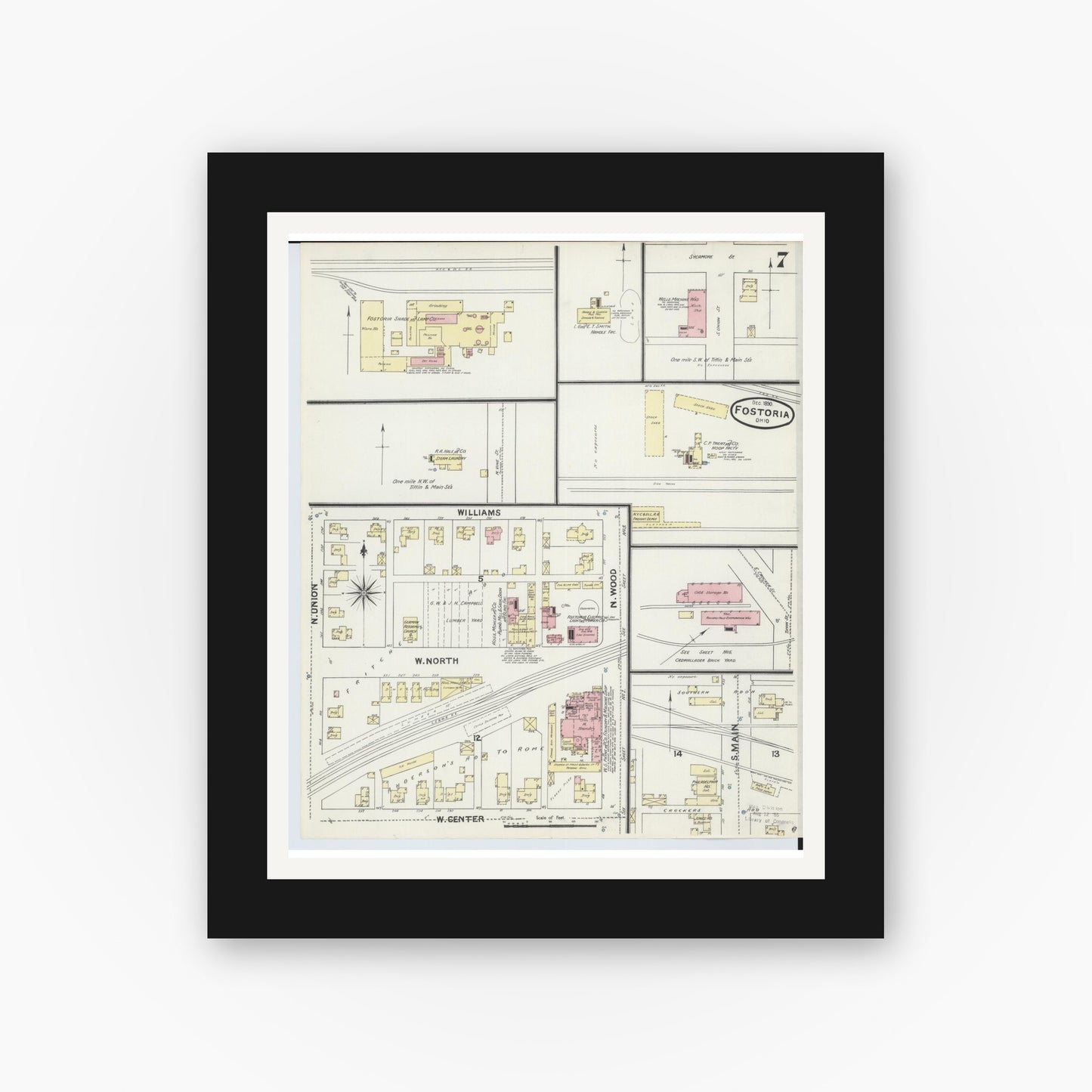 Old map wall art mockup — black gallery frame with white mat — Sanborn Fire Insurance Map from Fostoria, Seneca, Hancock, And Wood Counties, Ohio (1891), Sheet #0007