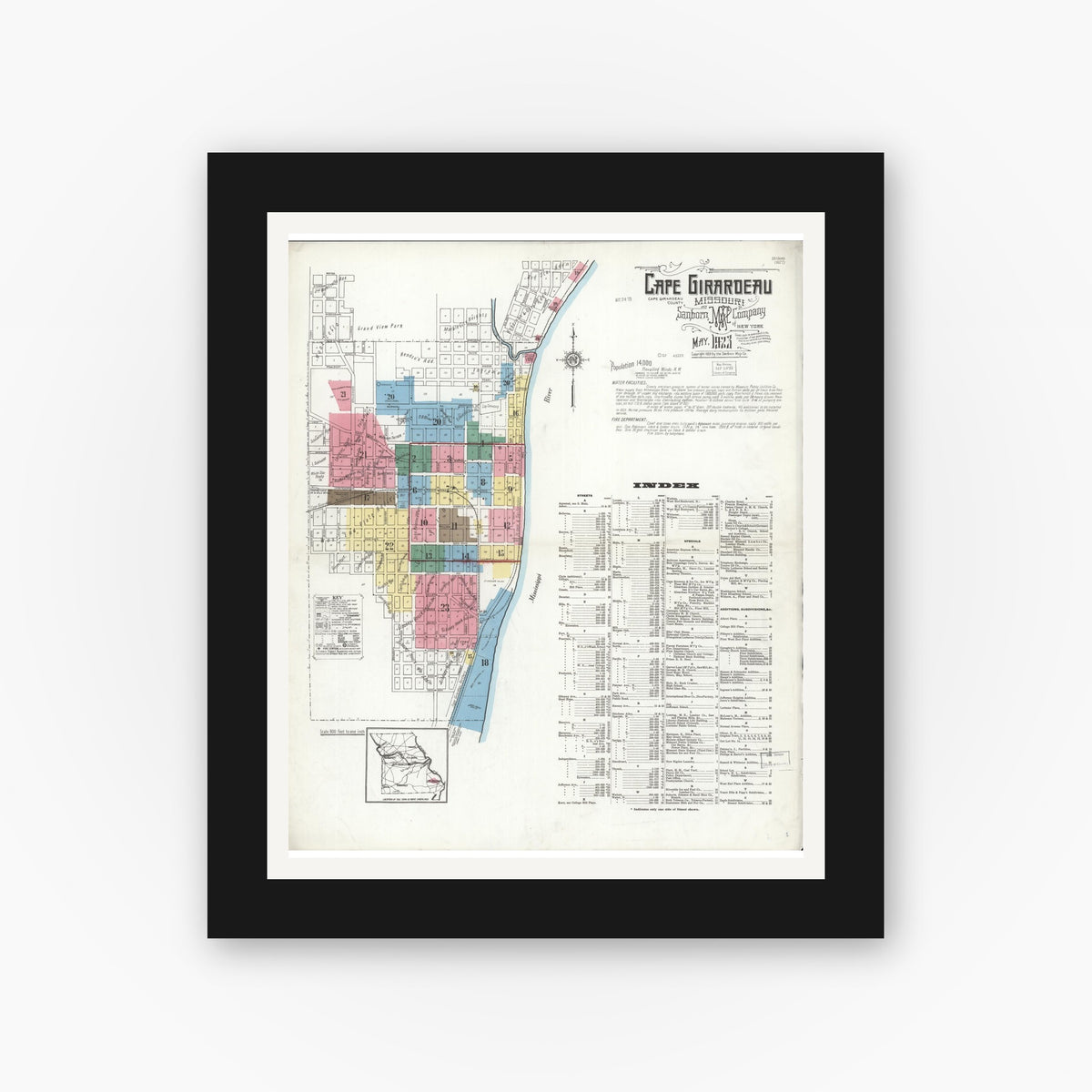 Old map wall art mockup — black gallery frame with white mat — Sanborn Fire Insurance Map from Cape Girardeau, Cape Girardeau County, Missouri (1923) - Complete Map Set
