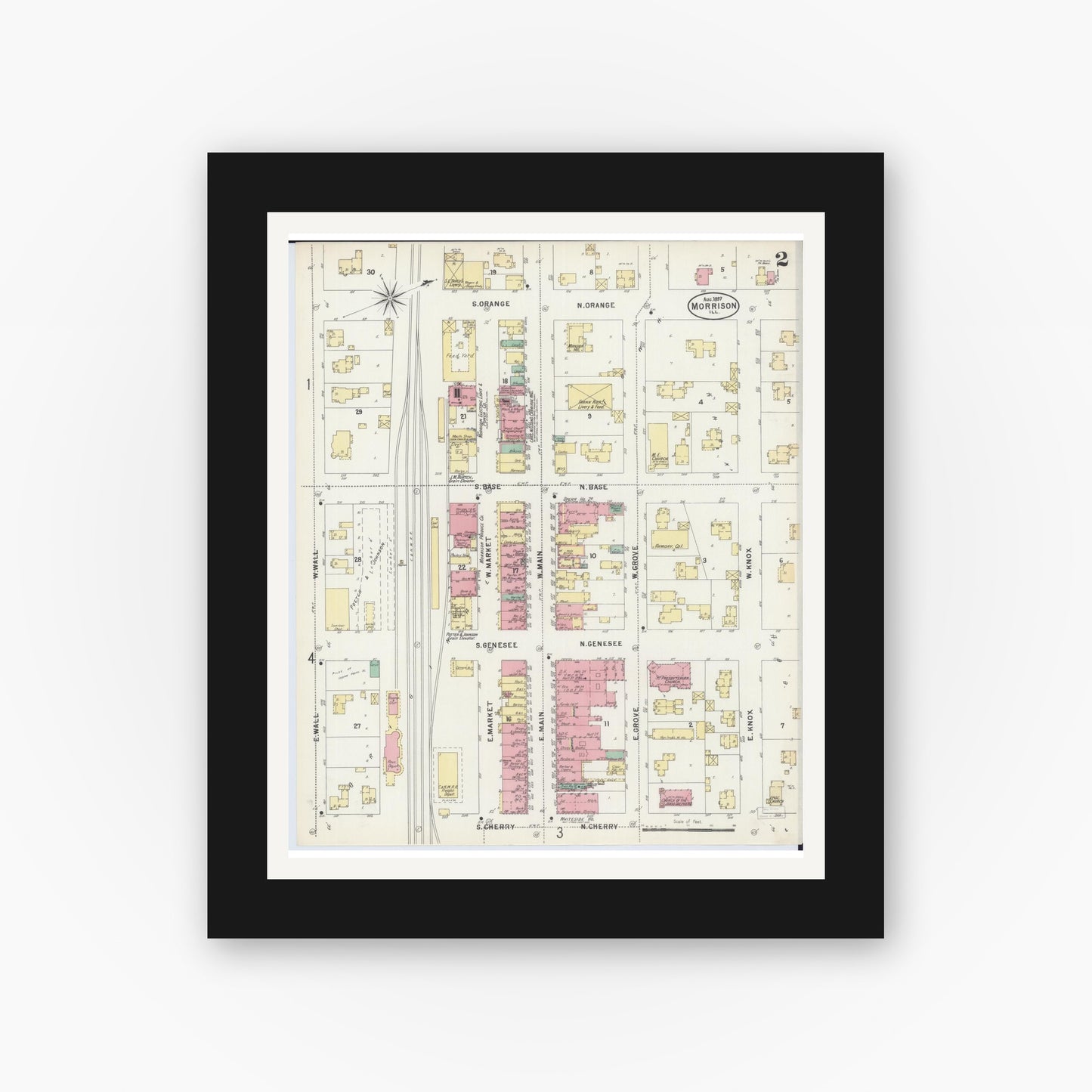 Old map wall art mockup — black gallery frame with white mat — Sanborn Fire Insurance Map from Morrison, Whiteside County, Illinois (1897), Sheet #0002