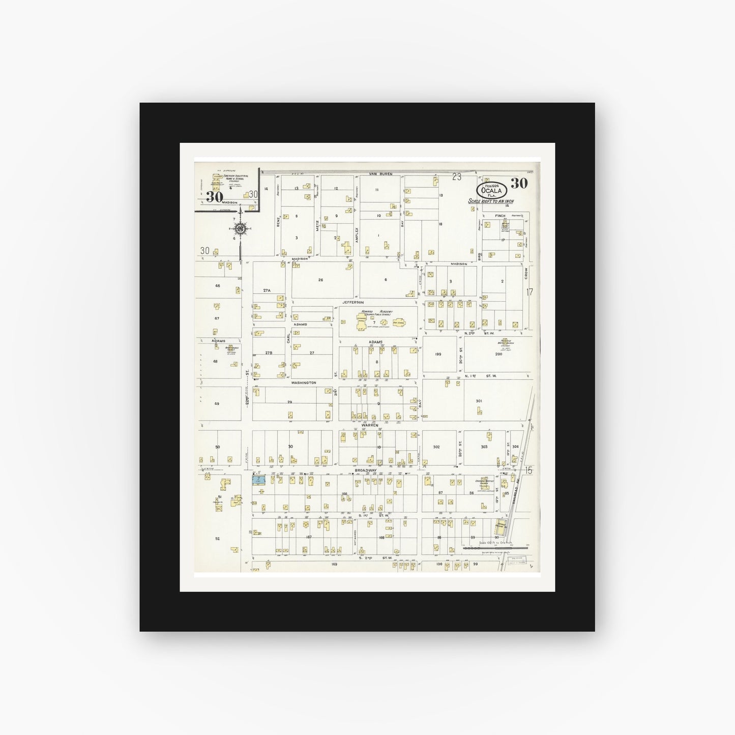 Old map wall art mockup — black gallery frame with white mat — Sanborn Fire Insurance Map from Ocala, Marion County, Florida (1924), Sheet #0030