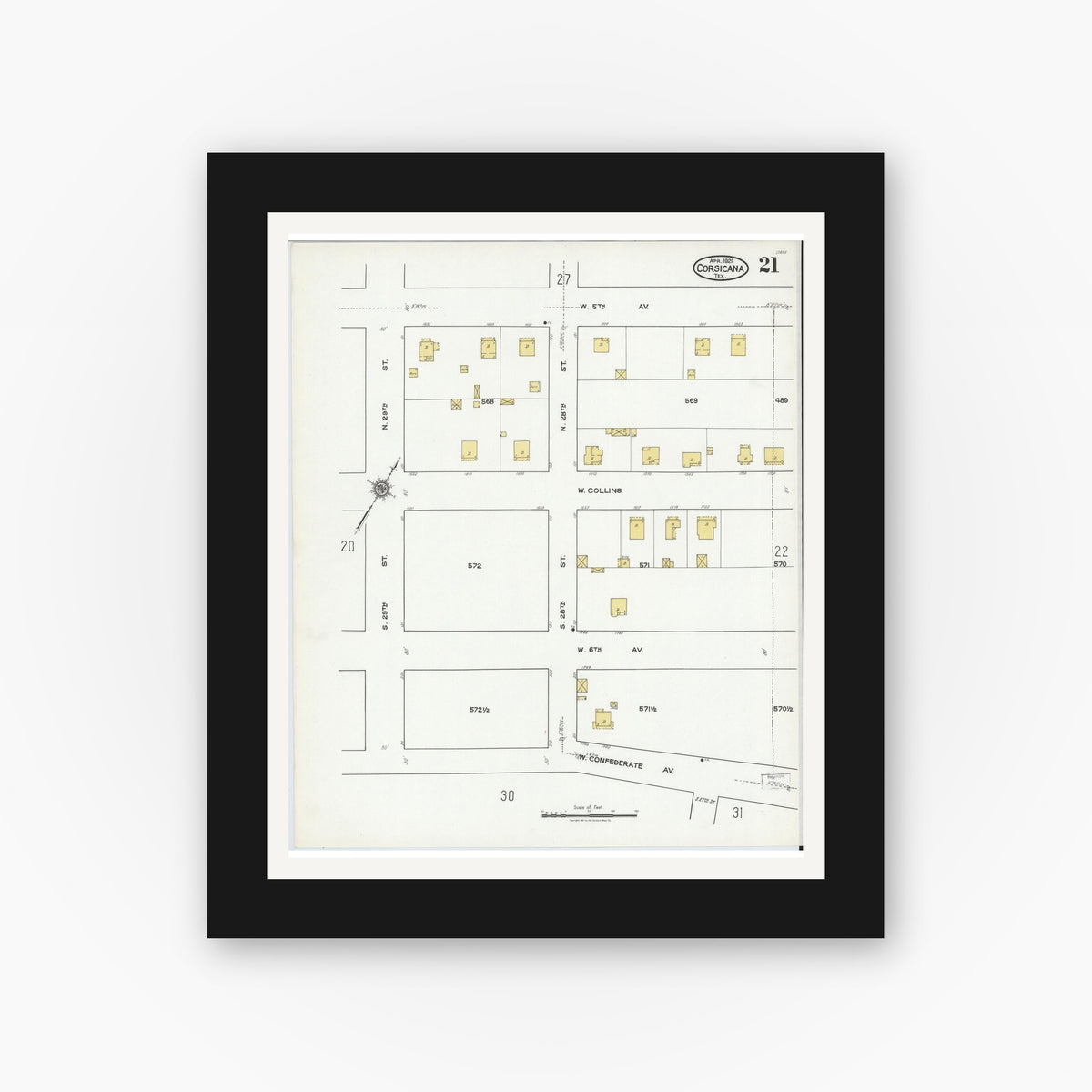 Old map wall art mockup — black gallery frame with white mat — Sanborn Map from Corsicana, Navarro County, Texas (1921), Sheet #0021