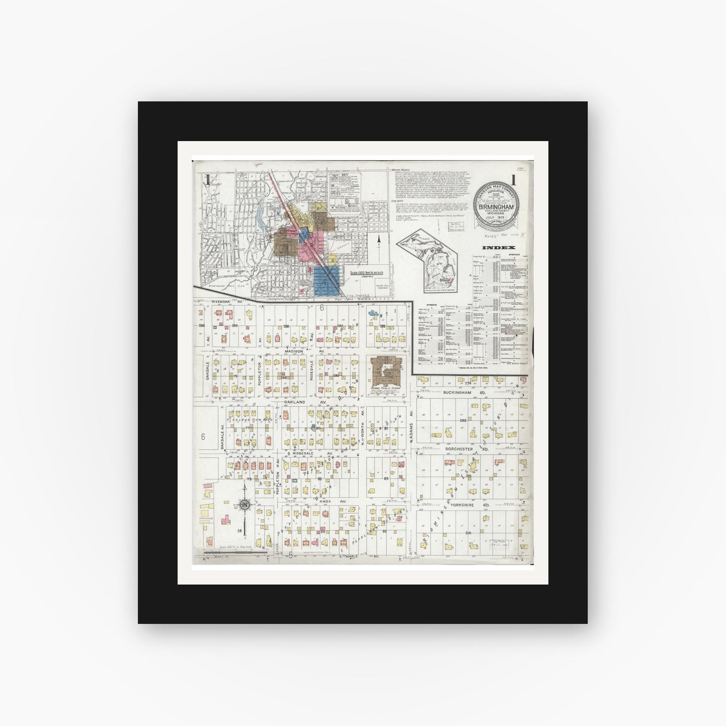 Old map wall art mockup — black gallery frame with white mat — Sanborn Fire Insurance Map from Birmingham, Oakland County, Michigan (1926) - Complete Map Set