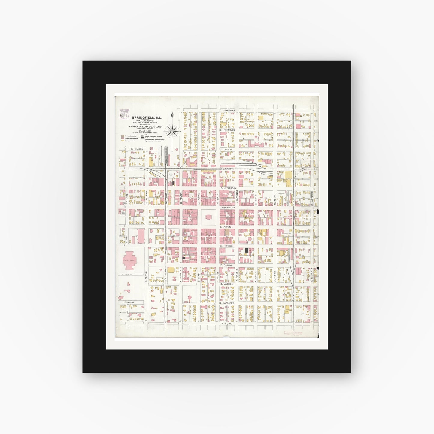 Old map wall art mockup — black gallery frame with white mat — Sanborn Fire Insurance Map from Springfield, Sangamon County, Illinois (1906), Sheet #0001