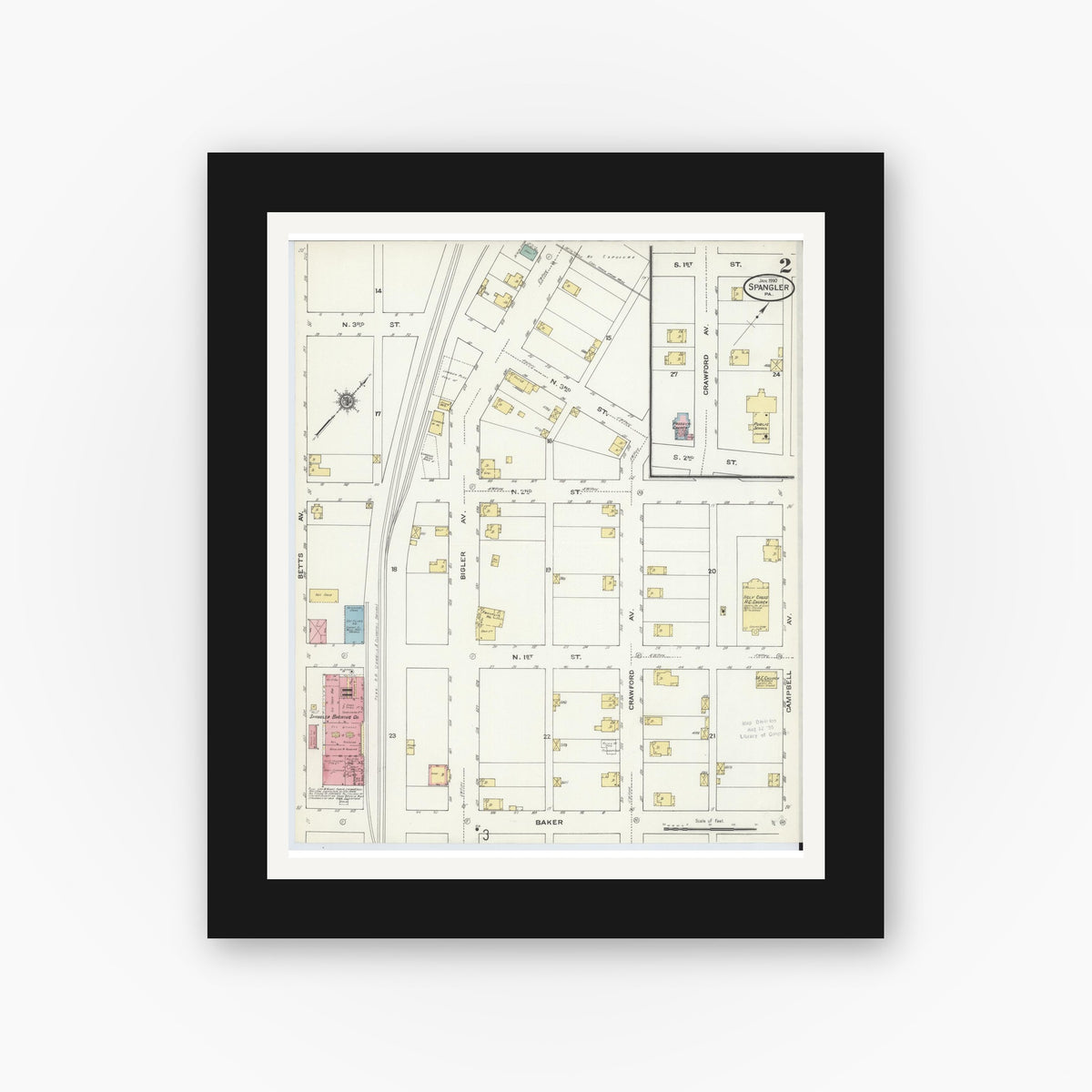 Old map wall art mockup — black gallery frame with white mat — Sanborn Fire Insurance Map from Spangler, Cambria County, Pennsylvania (1910), Sheet #0002
