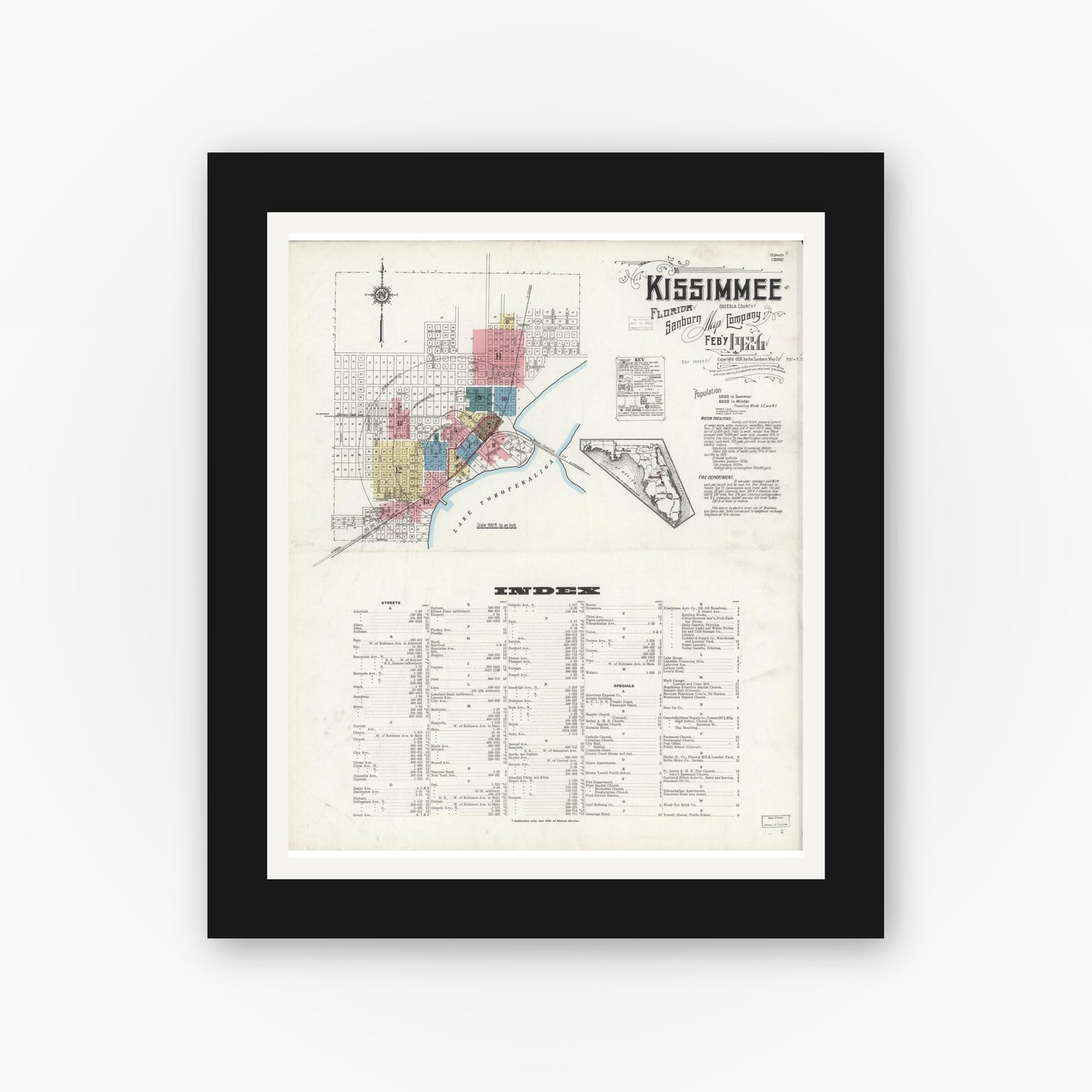 Old map wall art mockup — black gallery frame with white mat — Sanborn Fire Insurance Map from Kissimmee, Osceola County, Florida (1926), Sheet #0001