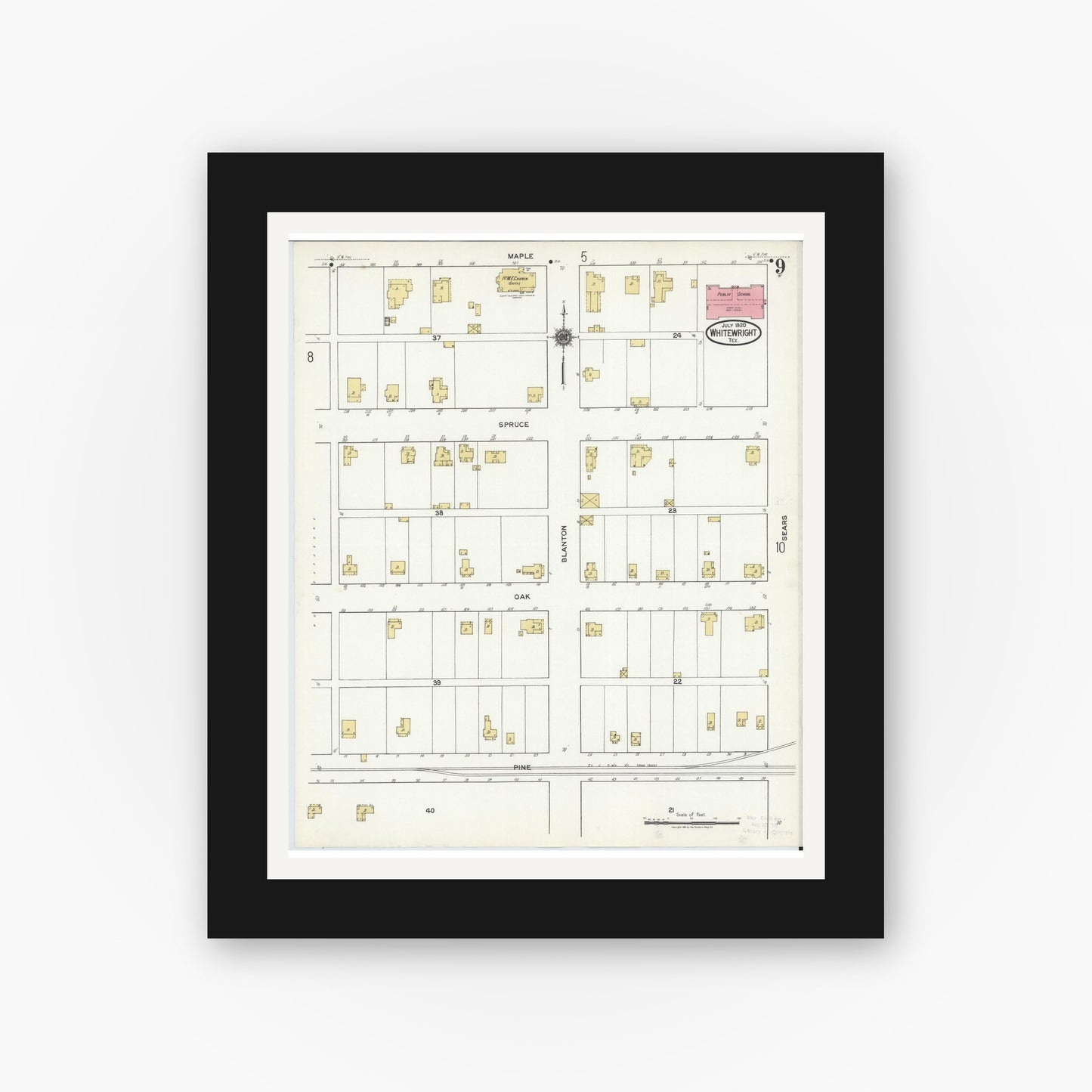 Old map wall art mockup — black gallery frame with white mat — Sanborn Fire Insurance Map from Whitewright, Grayson County, Texas (1920), Sheet #0009