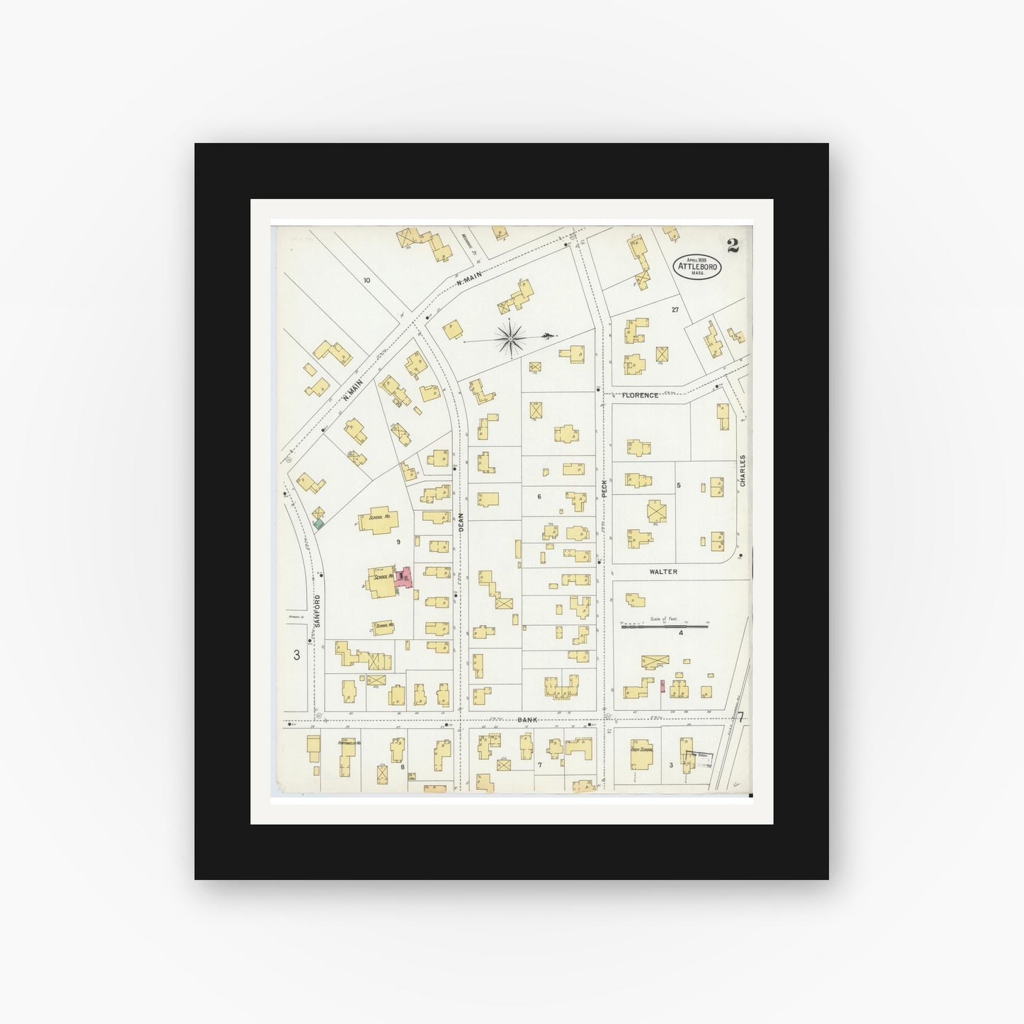 Old map wall art mockup — black gallery frame with white mat — Sanborn Fire Insurance Map from Attleboro, Bristol County, Massachusetts (1899), Sheet #0002