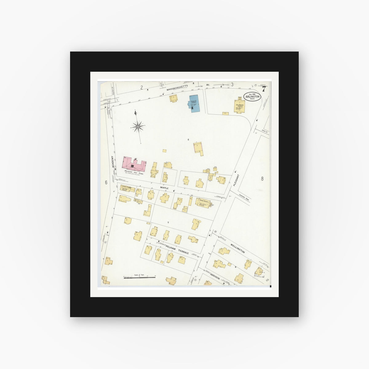 Old map wall art mockup — black gallery frame with white mat — Sanborn Fire Insurance Map from Arlington, Middlesex County, Massachusetts (1908), Sheet #0007