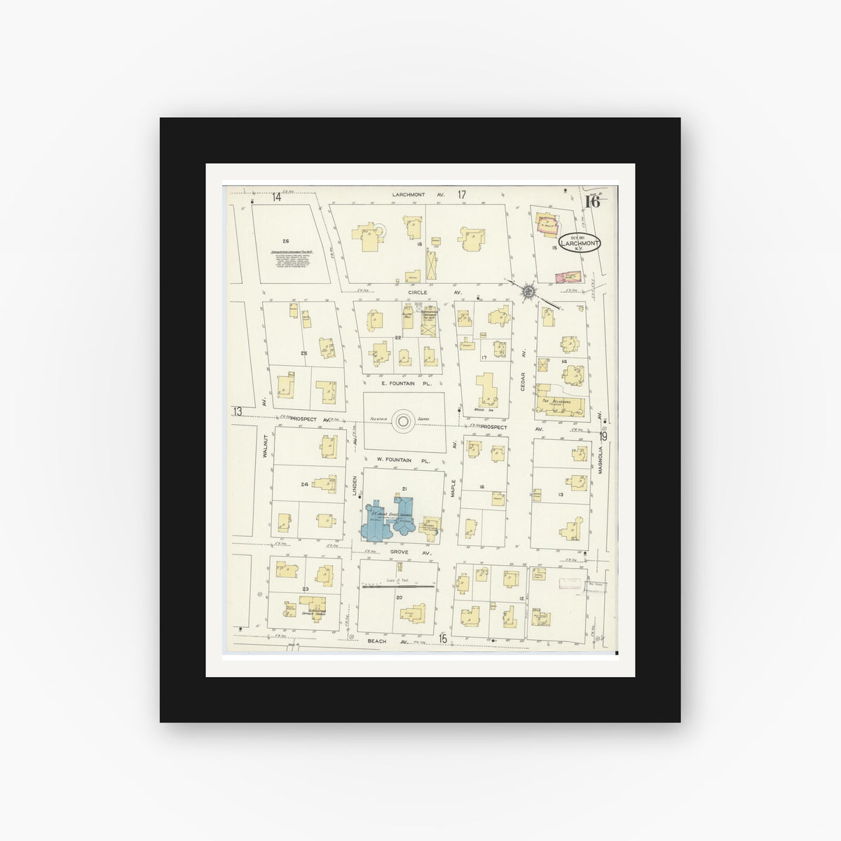 Old map wall art mockup — black gallery frame with white mat — Sanborn Fire Insurance Map from Larchmont, Westchester County, New York (1911), Sheet #0016