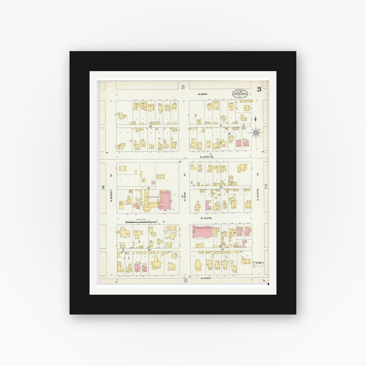 Old map wall art mockup — black gallery frame with white mat — Sanborn Fire Insurance Map from Denison, Grayson County, Texas (1903), Sheet #0003
