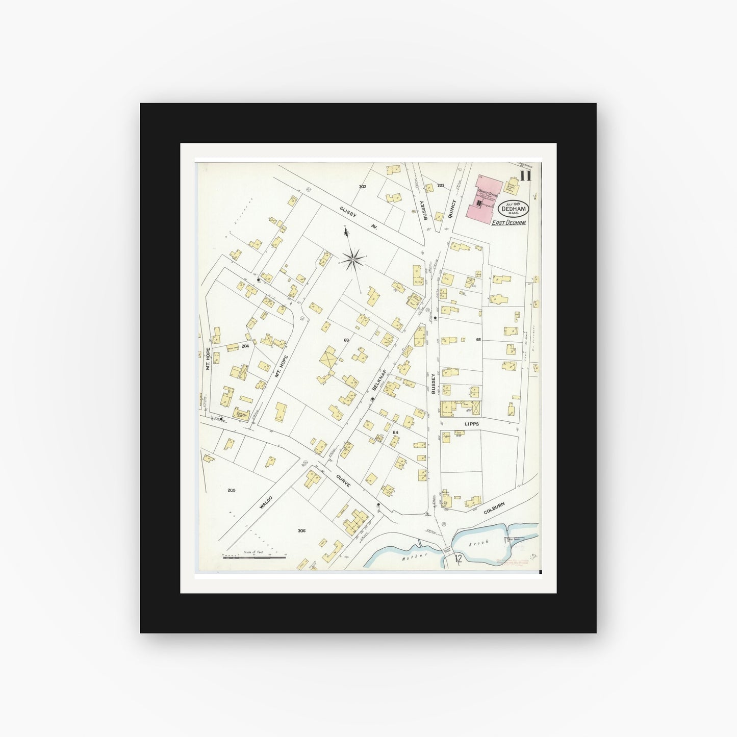 Old map wall art mockup — black gallery frame with white mat — Sanborn Fire Insurance Map from Dedham, Norfolk County, Massachusetts (1909), Sheet #0011