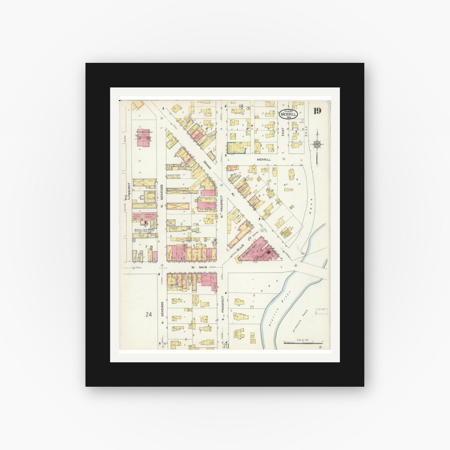 Old map wall art mockup — black gallery frame with white mat — Sanborn Fire Insurance Map from Merrill, Lincoln County, Wisconsin (1913), Sheet #0019