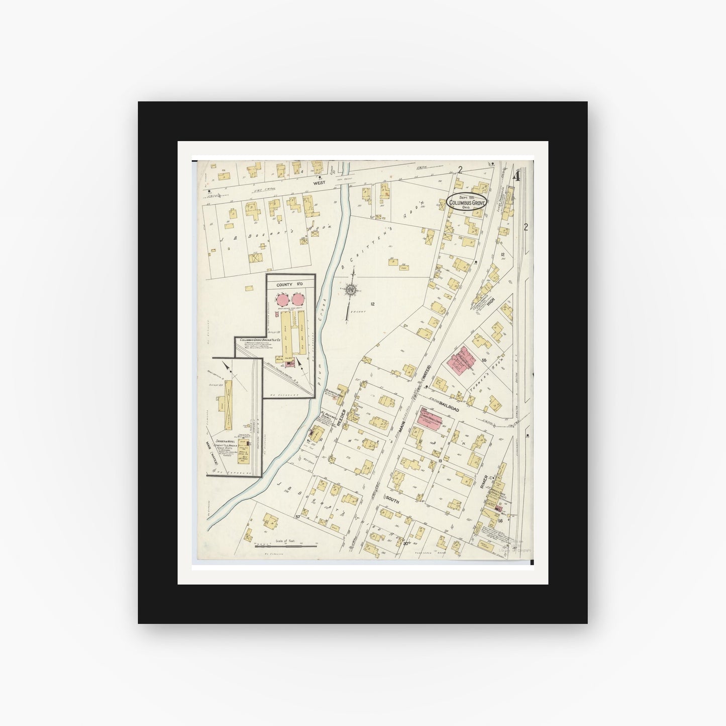 Old map wall art mockup — black gallery frame with white mat — Sanborn Fire Insurance Map from Columbus Grove, Putnam County, Ohio (1911), Sheet #0004