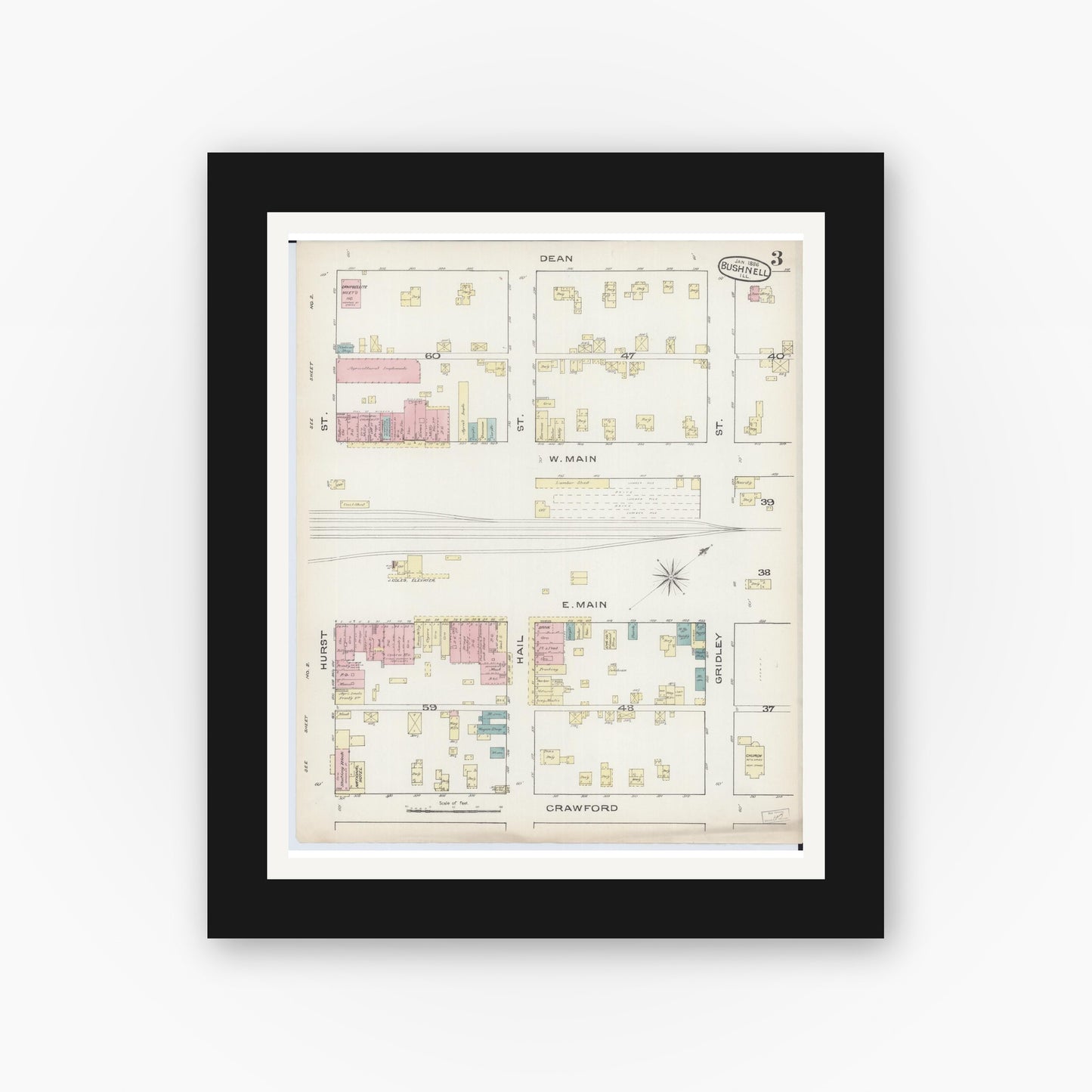 Old map wall art mockup — black gallery frame with white mat — Sanborn Fire Insurance Map from Bushnell, Mcdonough County, Illinois (1886), Sheet #0003