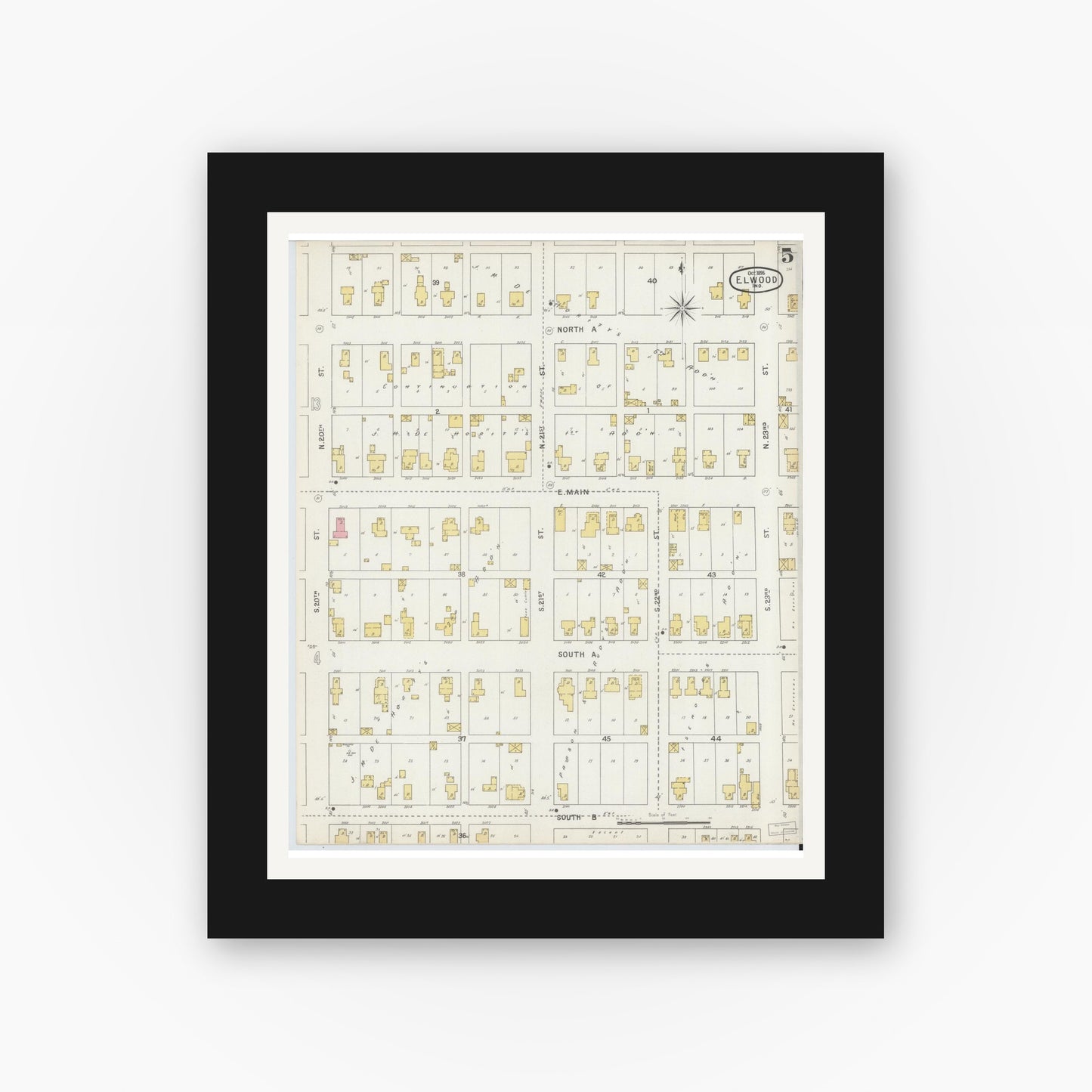Old map wall art mockup — black gallery frame with white mat — Sanborn Fire Insurance Map from Elwood, Madison County, Indiana (1895), Sheet #0005