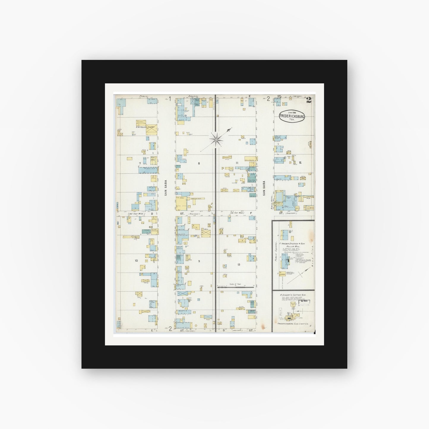 Old map wall art mockup — black gallery frame with white mat — Sanborn Fire Insurance Map from Fredericksburg, Gillespie County, Texas (1896), Sheet #0002