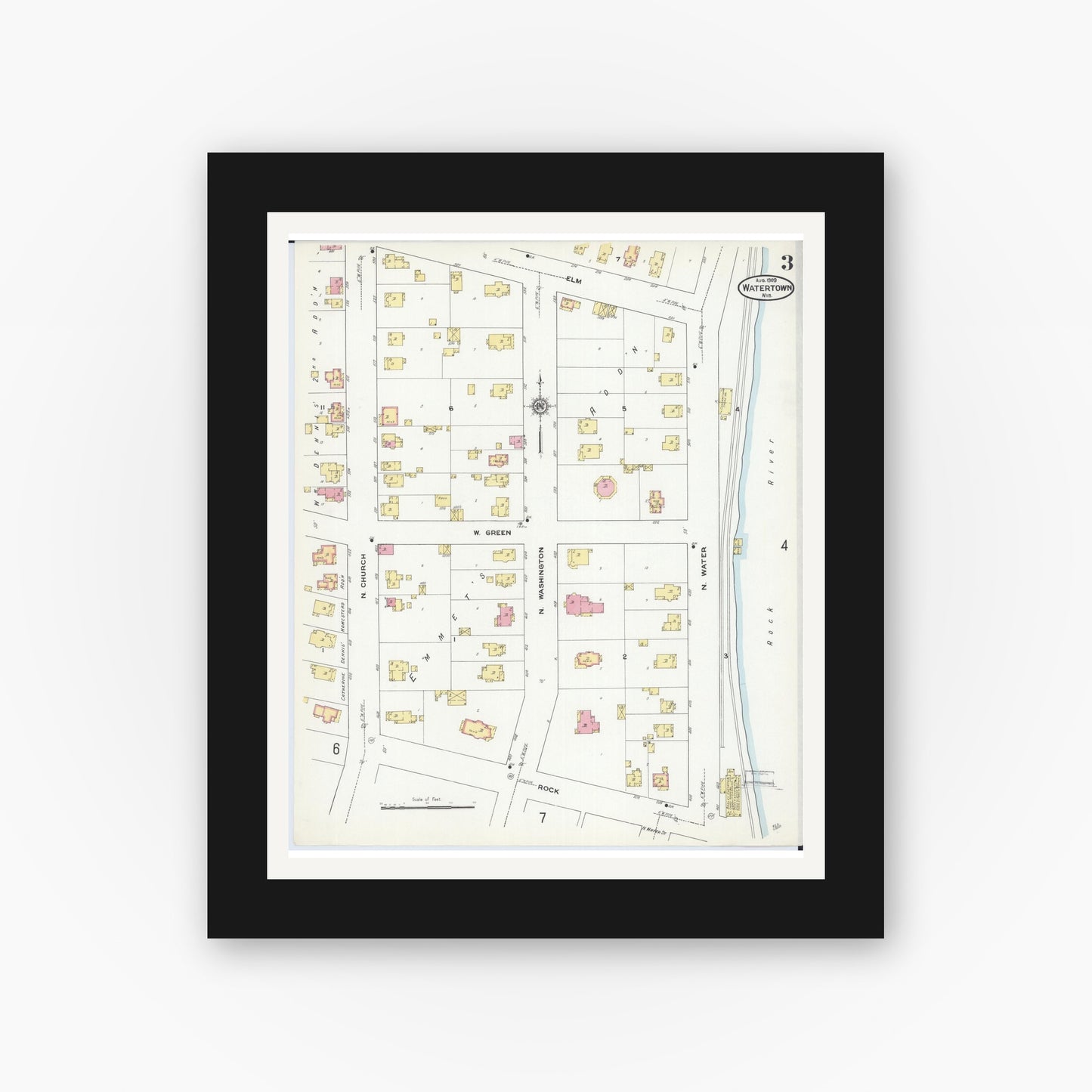 Old map wall art mockup — black gallery frame with white mat — Sanborn Fire Insurance Map from Watertown, Jefferson County, Wisconsin (1909), Sheet #0003