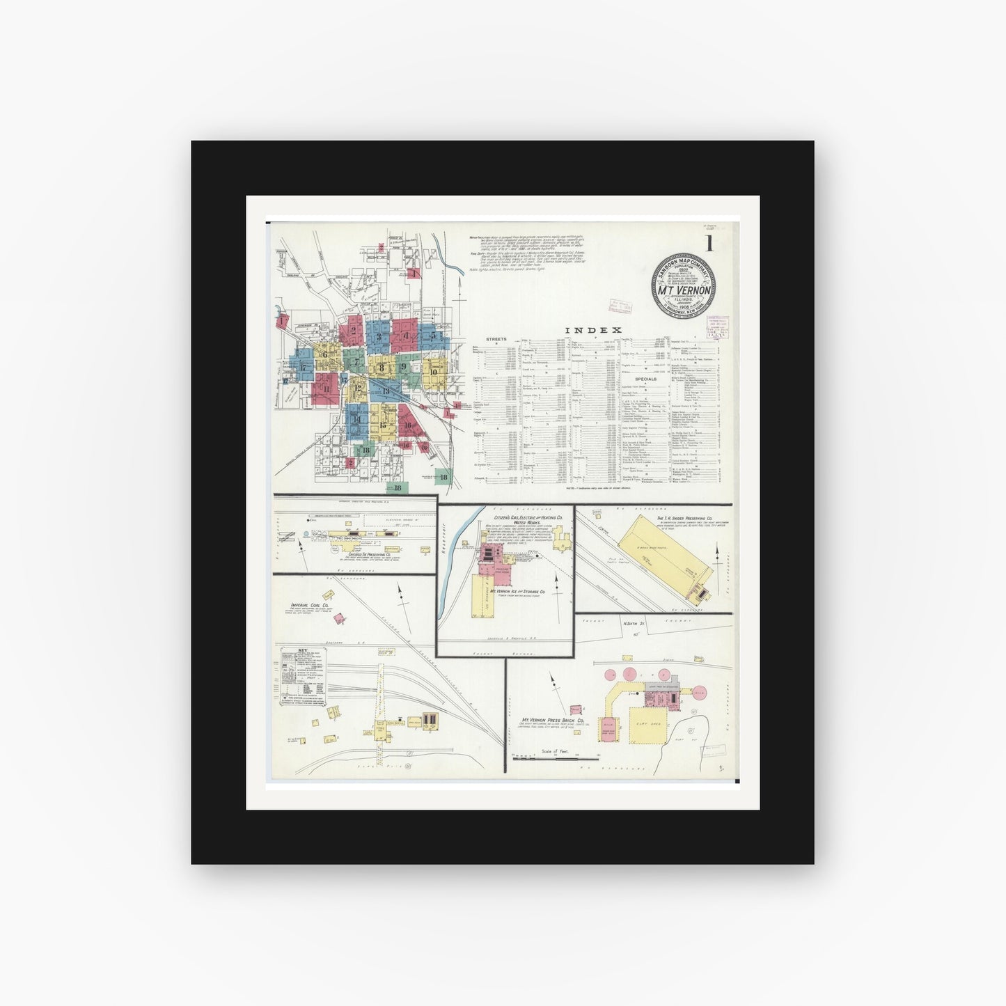 Old map wall art mockup — black gallery frame with white mat — Sanborn Fire Insurance Map from Mount Vernon, Jefferson County, Illinois (1908), Sheet #0001