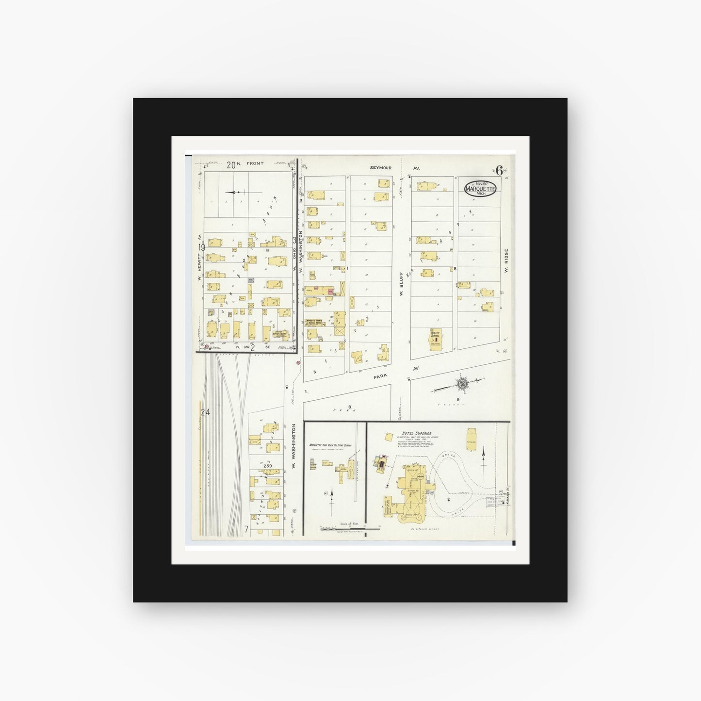 Old map wall art mockup — black gallery frame with white mat — Sanborn Fire Insurance Map from Marquette, Marquette County, Michigan (1917), Sheet #0006