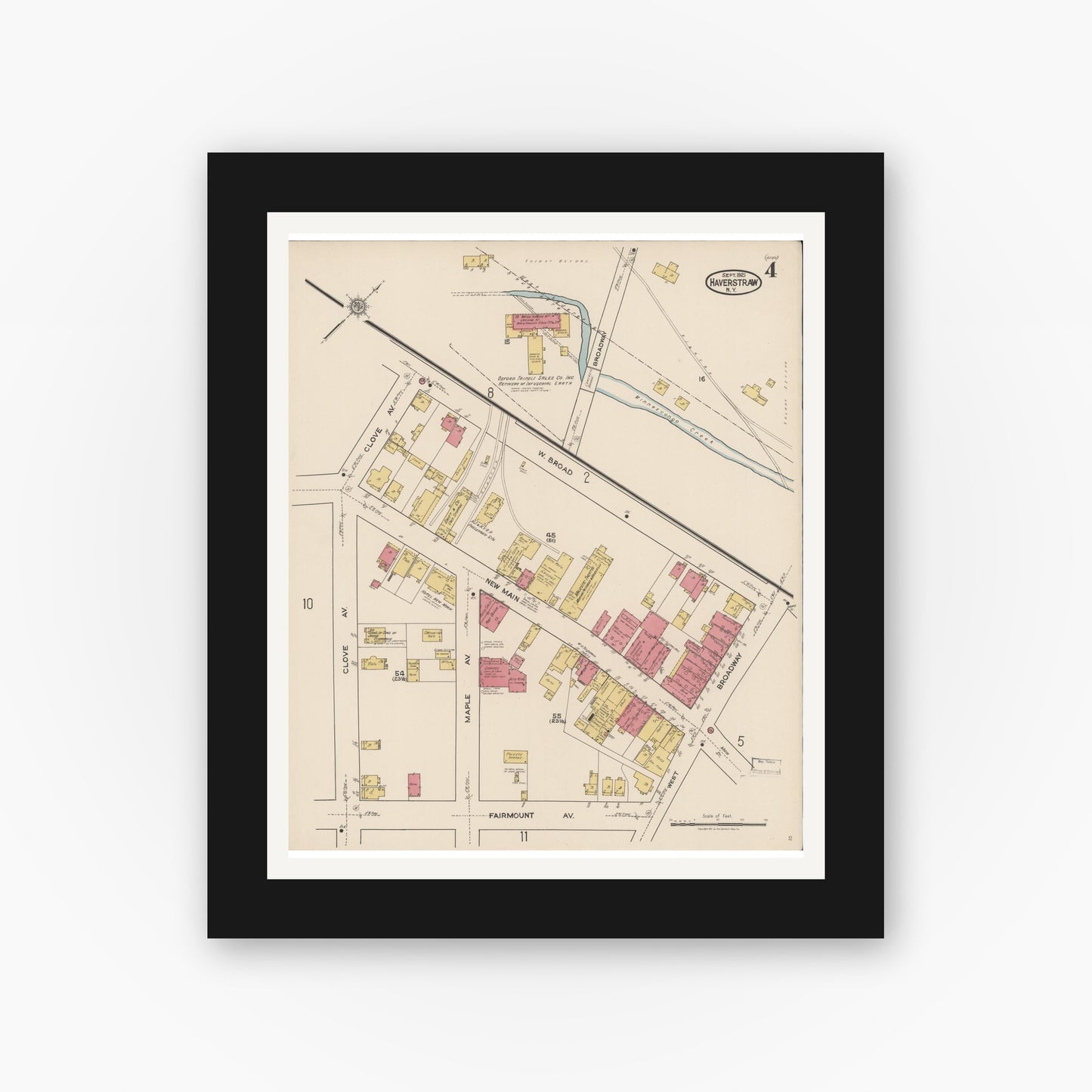 Old map wall art mockup — black gallery frame with white mat — Sanborn Fire Insurance Map from Haverstraw, Rockland County, New York (1921), Sheet #0004
