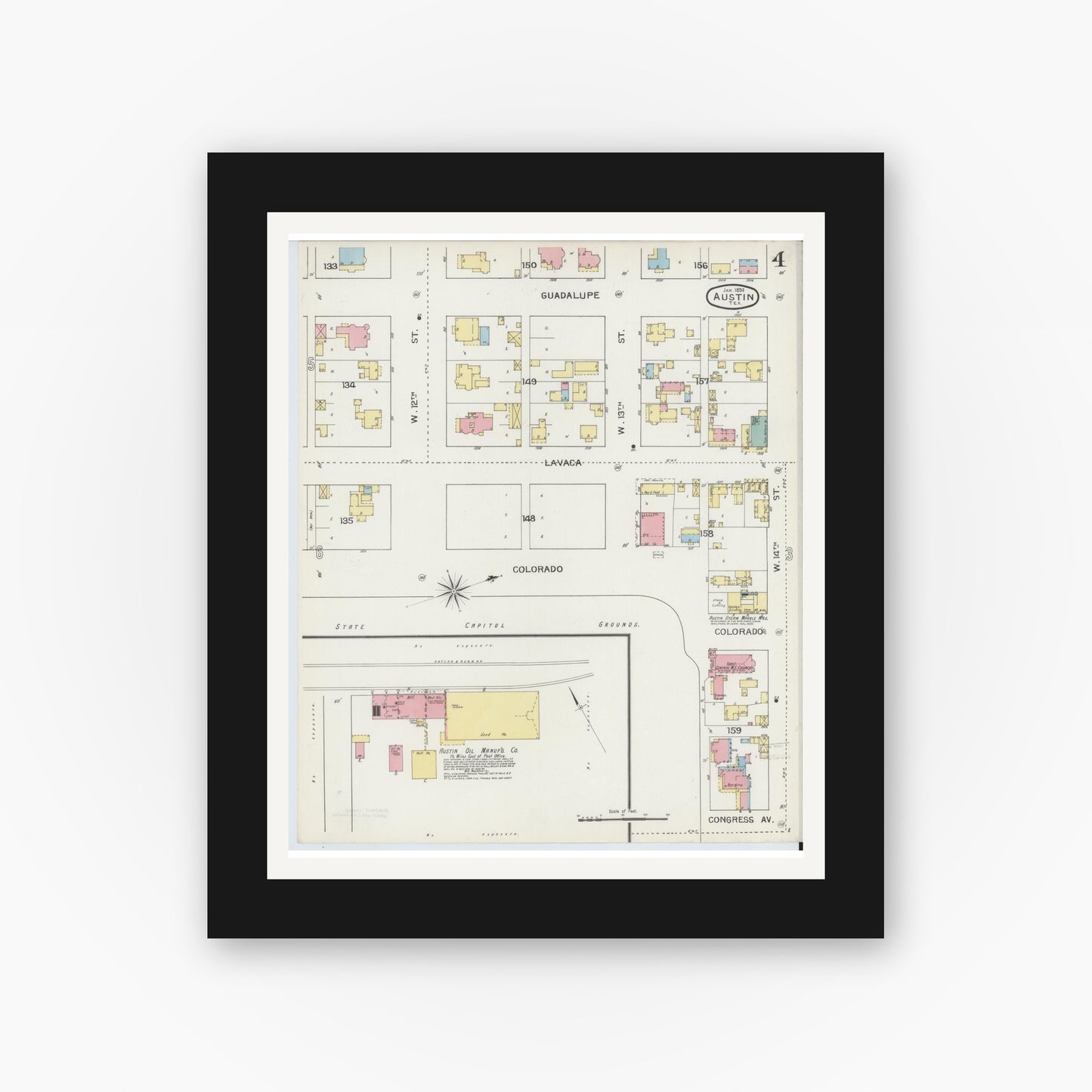 Old map wall art mockup — black gallery frame with white mat — Sanborn Fire Insurance Map from Austin, Travis County, Texas (1894), Sheet #0004