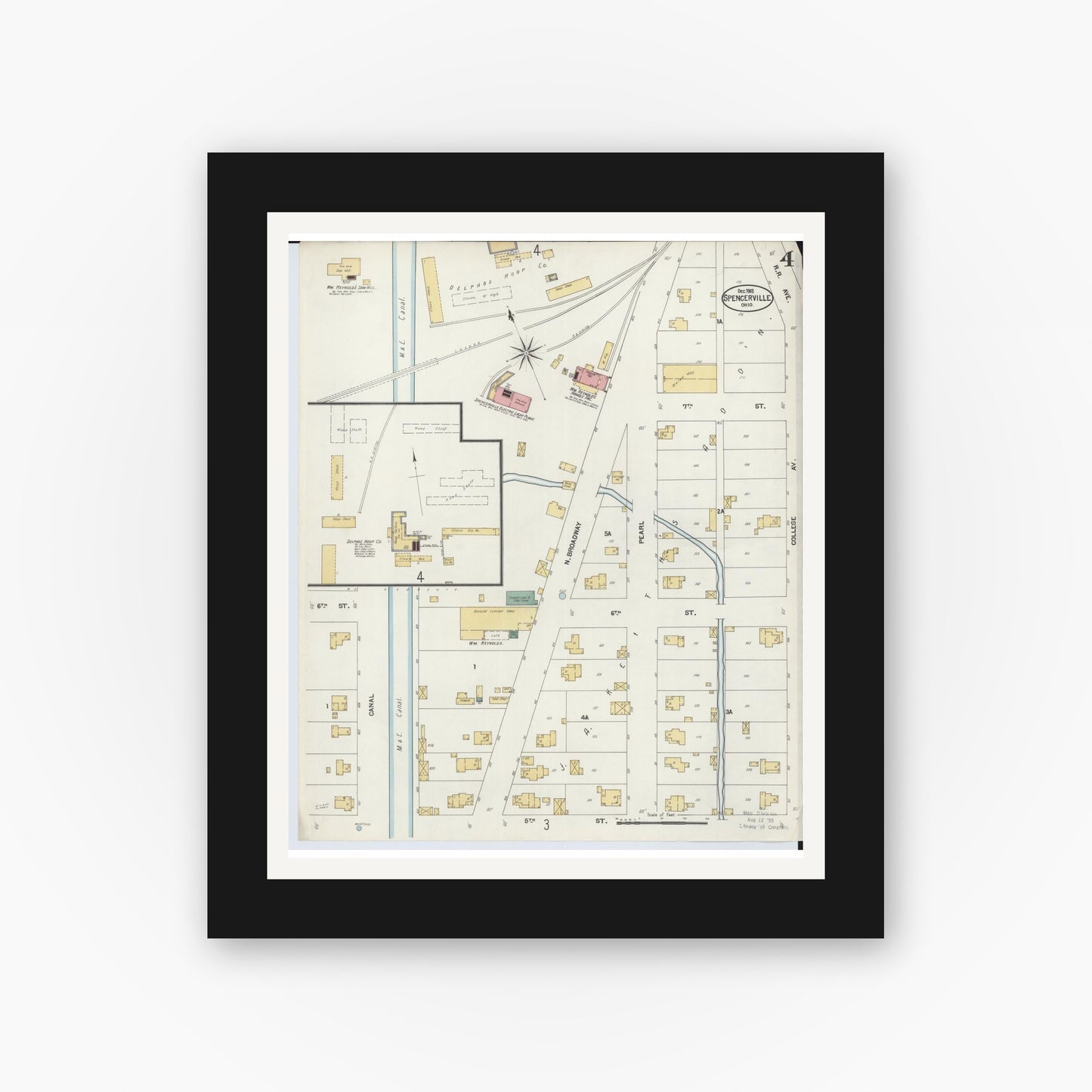 Old map wall art mockup — black gallery frame with white mat — Sanborn Fire Insurance Map from Spencerville, Allen County, Ohio (1902), Sheet #0004