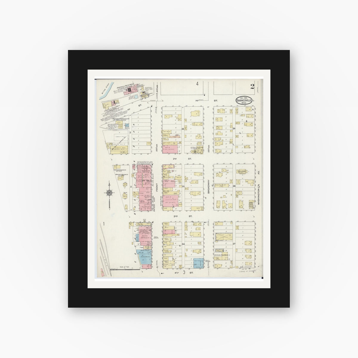 Old map wall art mockup — black gallery frame with white mat — Sanborn Fire Insurance Map from Barnesville, Clay County, Minnesota (1914), Sheet #0002