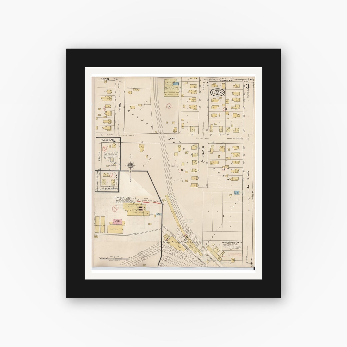 Old map wall art mockup — black gallery frame with white mat — Sanborn Fire Insurance Map from Durand, Shiawassee County, Michigan (1944), Sheet #0003