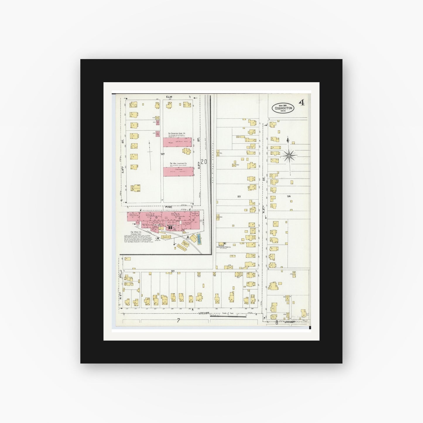 Old map wall art mockup — black gallery frame with white mat — Sanborn Fire Insurance Map from Coshocton, Coshocton County, Ohio (1905), Sheet #0004