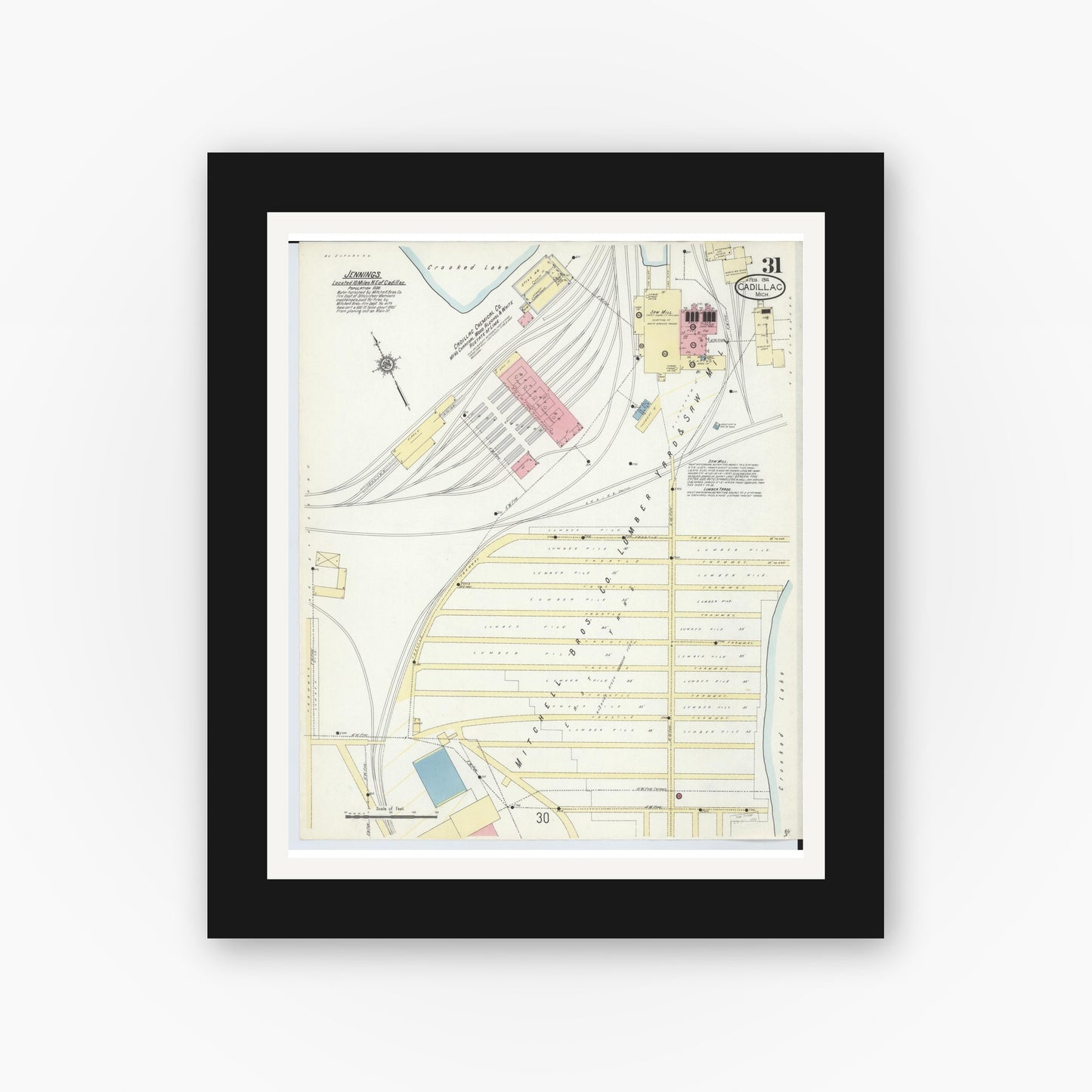 Old map wall art mockup — black gallery frame with white mat — Sanborn Fire Insurance Map from Cadillac, Wexford County, Michigan (1914), Sheet #0031