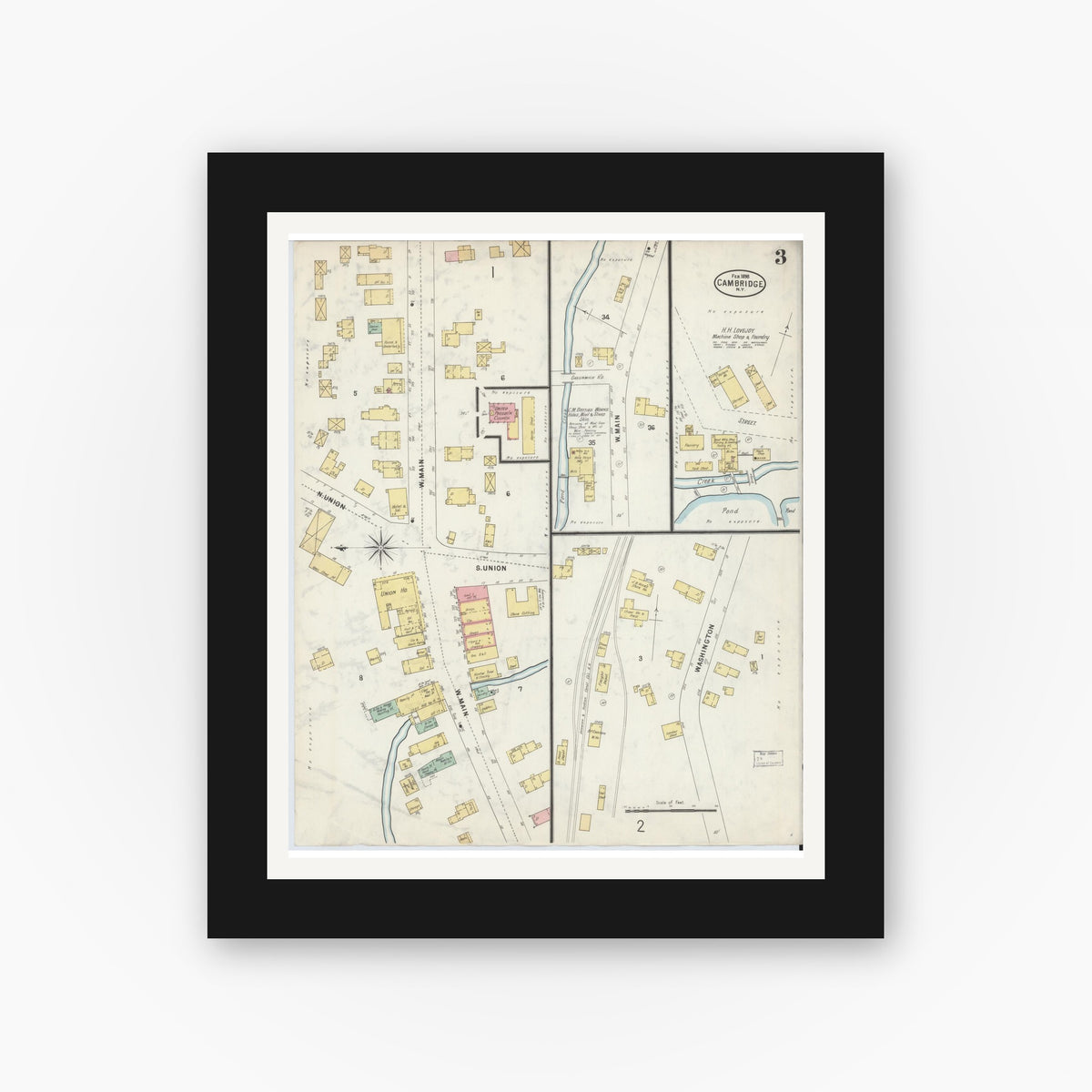 Old map wall art mockup — black gallery frame with white mat — Sanborn Fire Insurance Map from Cambridge, Washington County, New York (1898), Sheet #0003