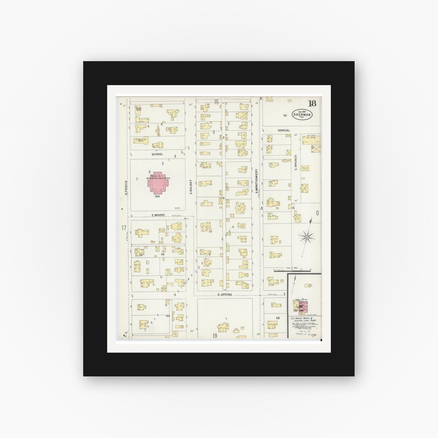 Old map wall art mockup — black gallery frame with white mat — Sanborn Fire Insurance Map from Sherman, Grayson County, Texas (1897), Sheet #0018