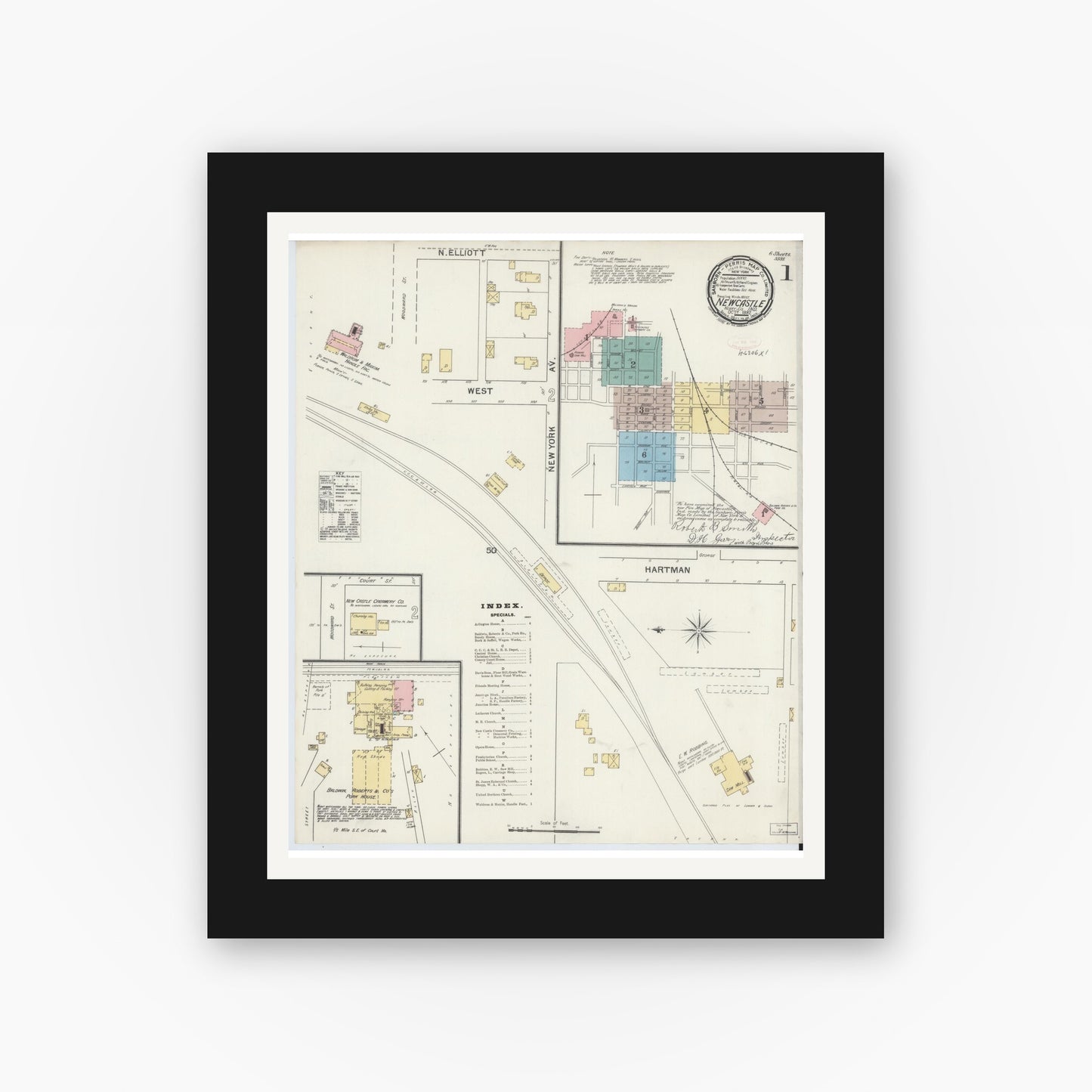 Old map wall art mockup — black gallery frame with white mat — Sanborn Fire Insurance Map from New Castle, Henry County, Indiana (1892), Sheet #0001