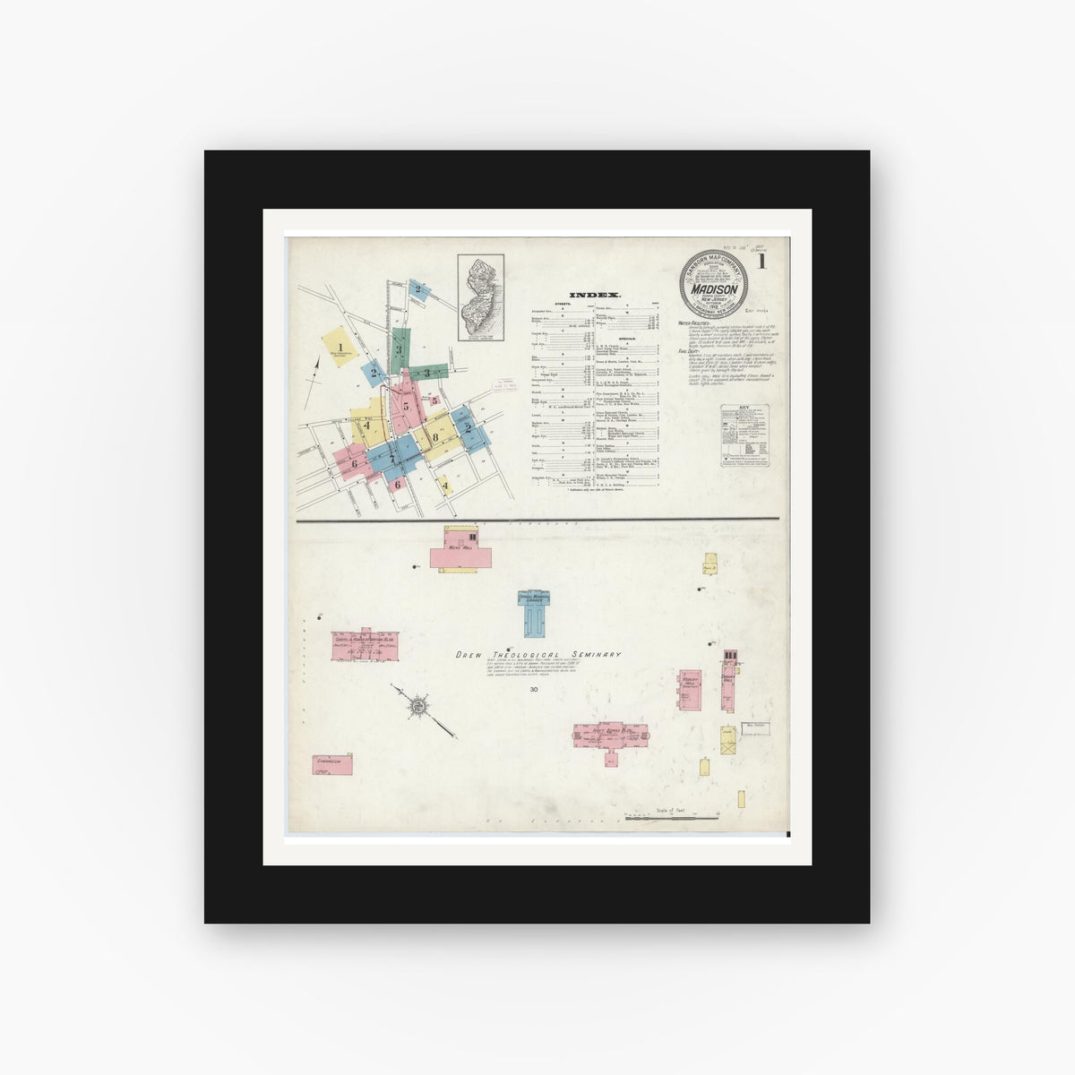Old map wall art mockup — black gallery frame with white mat — Sanborn Fire Insurance Map from Madison, Morris County, New Jersey (1912), Sheet #0001