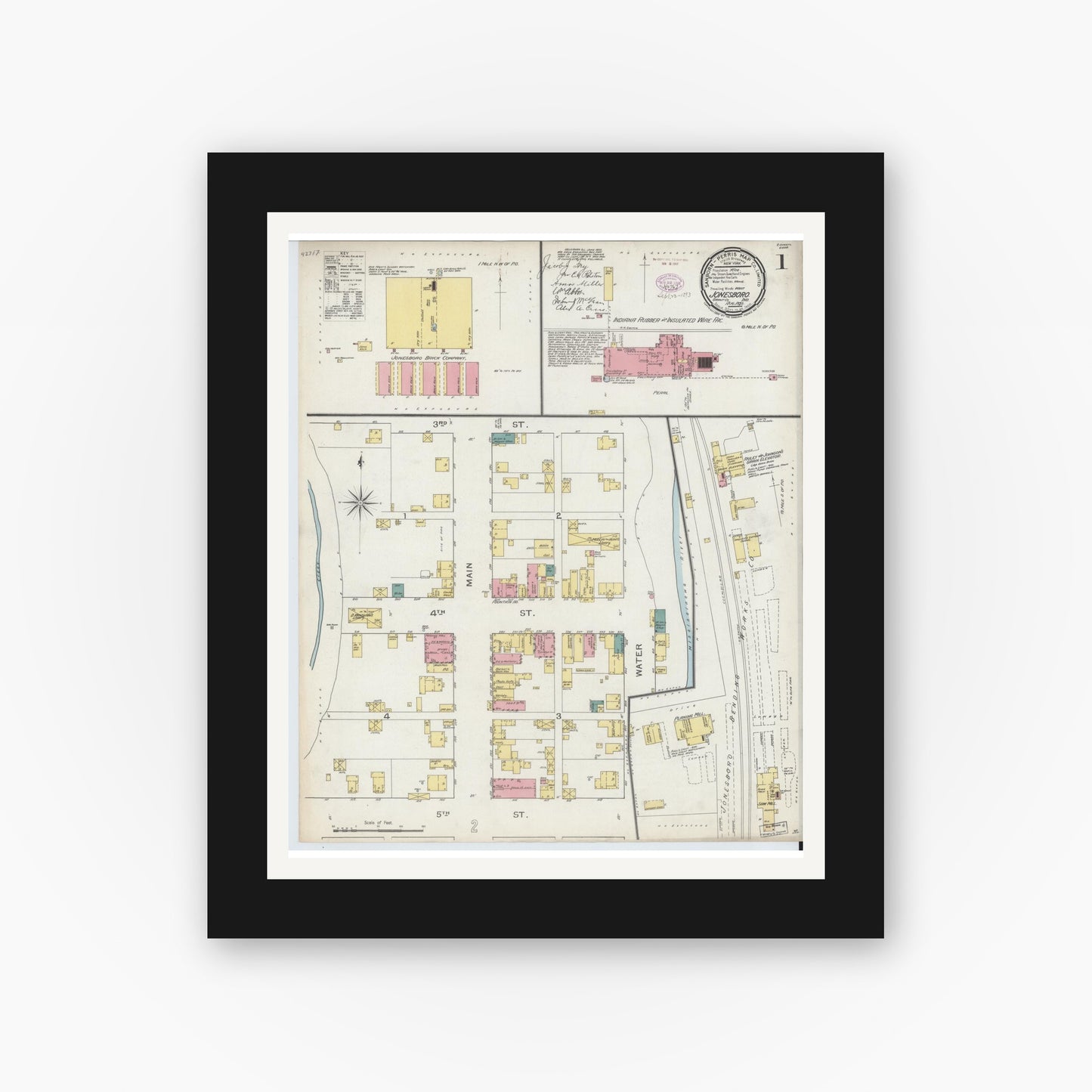 Old map wall art mockup — black gallery frame with white mat — Sanborn Fire Insurance Map from Jonesboro, Grant County, Indiana (1893) - Complete Map Set